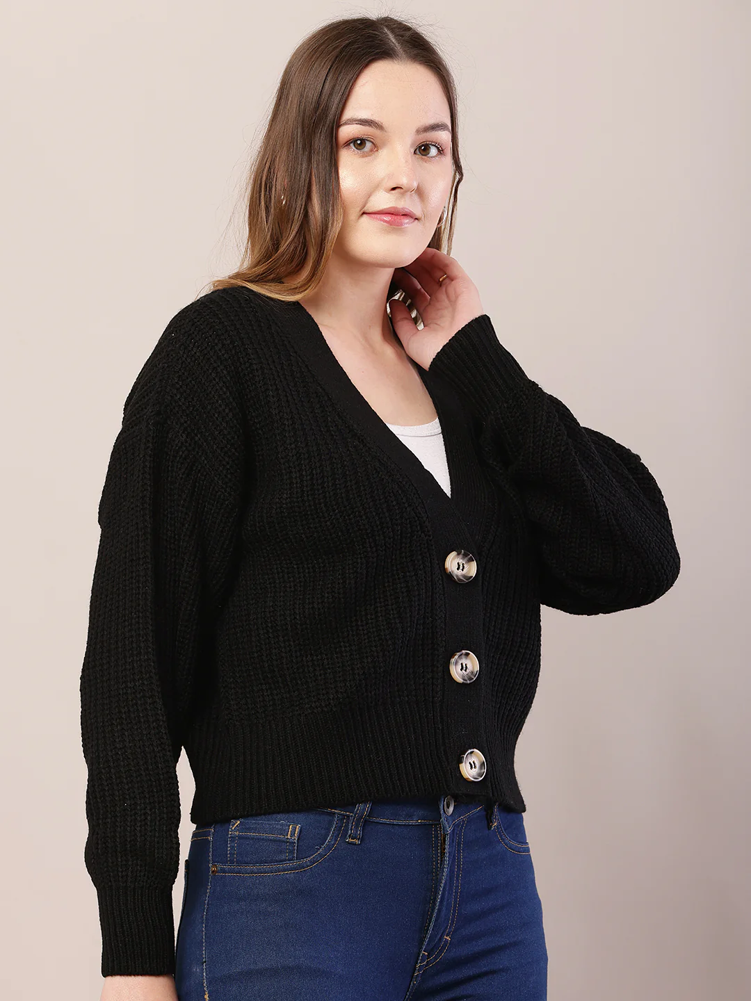 Women black acrylic full sleeve v-neck cardigan - Image 3
