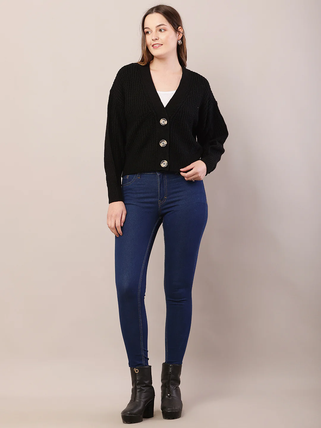 Women black acrylic full sleeve v-neck cardigan - Image 4