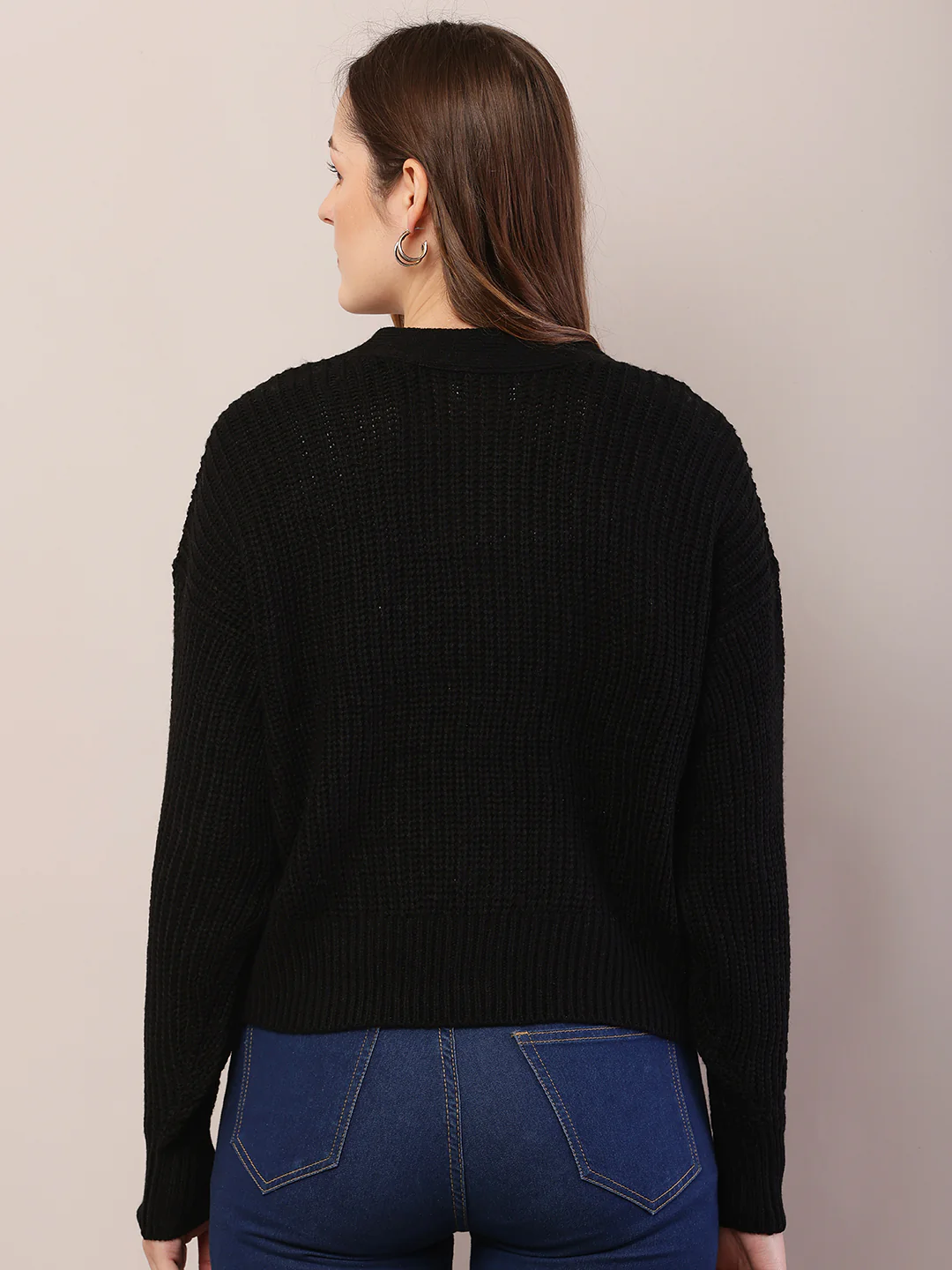 Women black acrylic full sleeve v-neck cardigan - Image 5