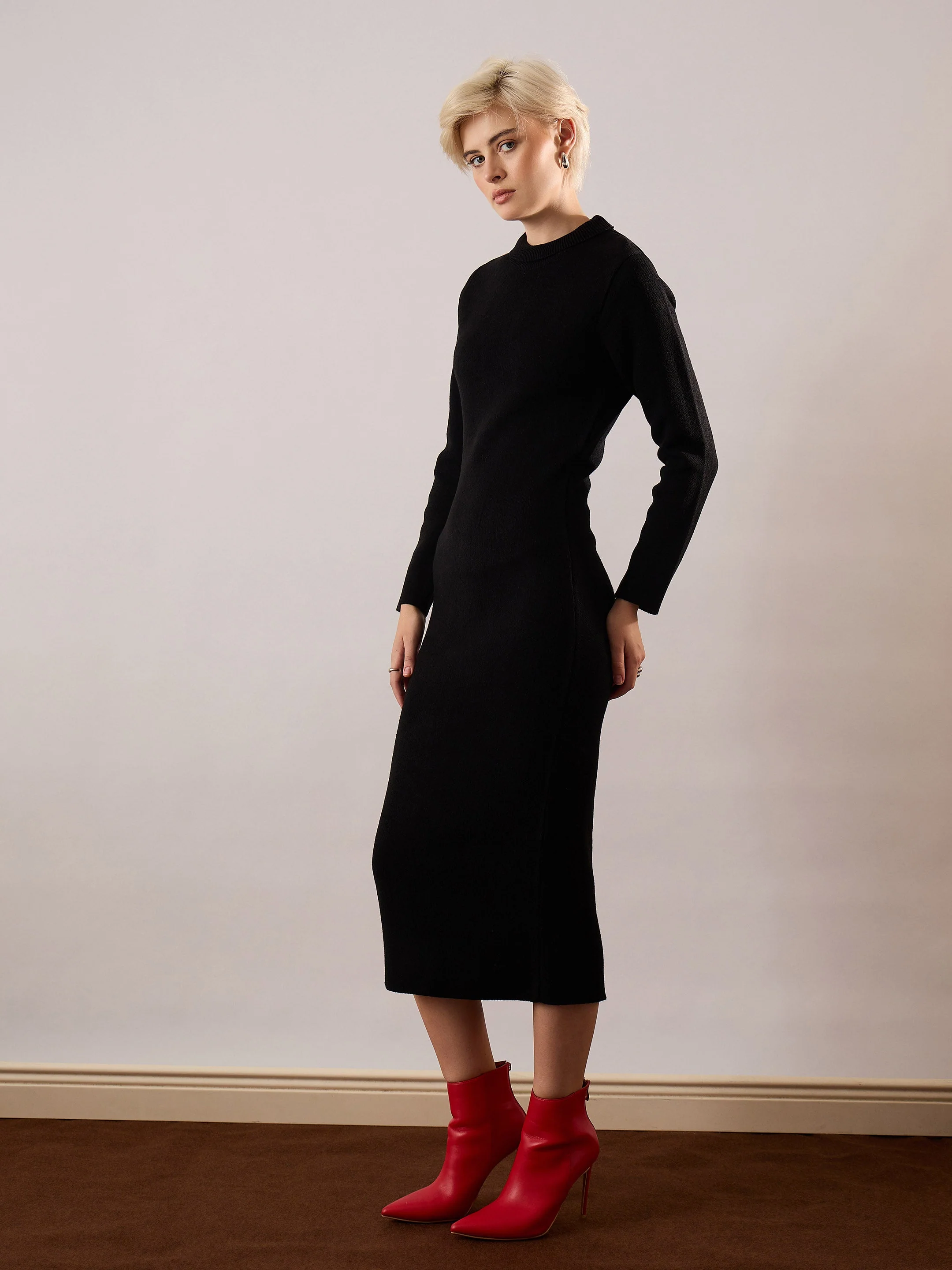 Women Black Acrylic Wool High Neck Midi Dress - Image 3
