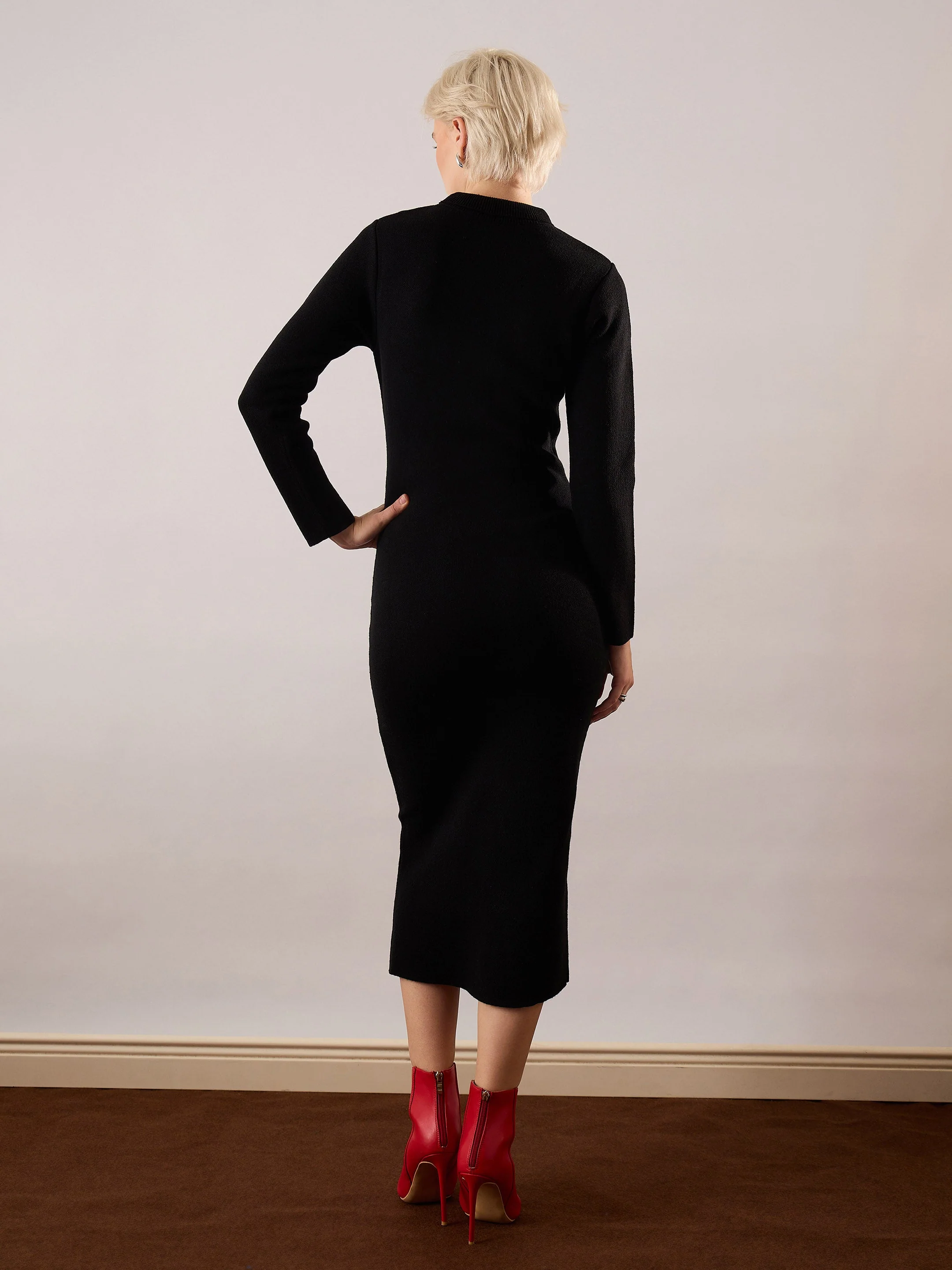 Women Black Acrylic Wool High Neck Midi Dress - Image 5