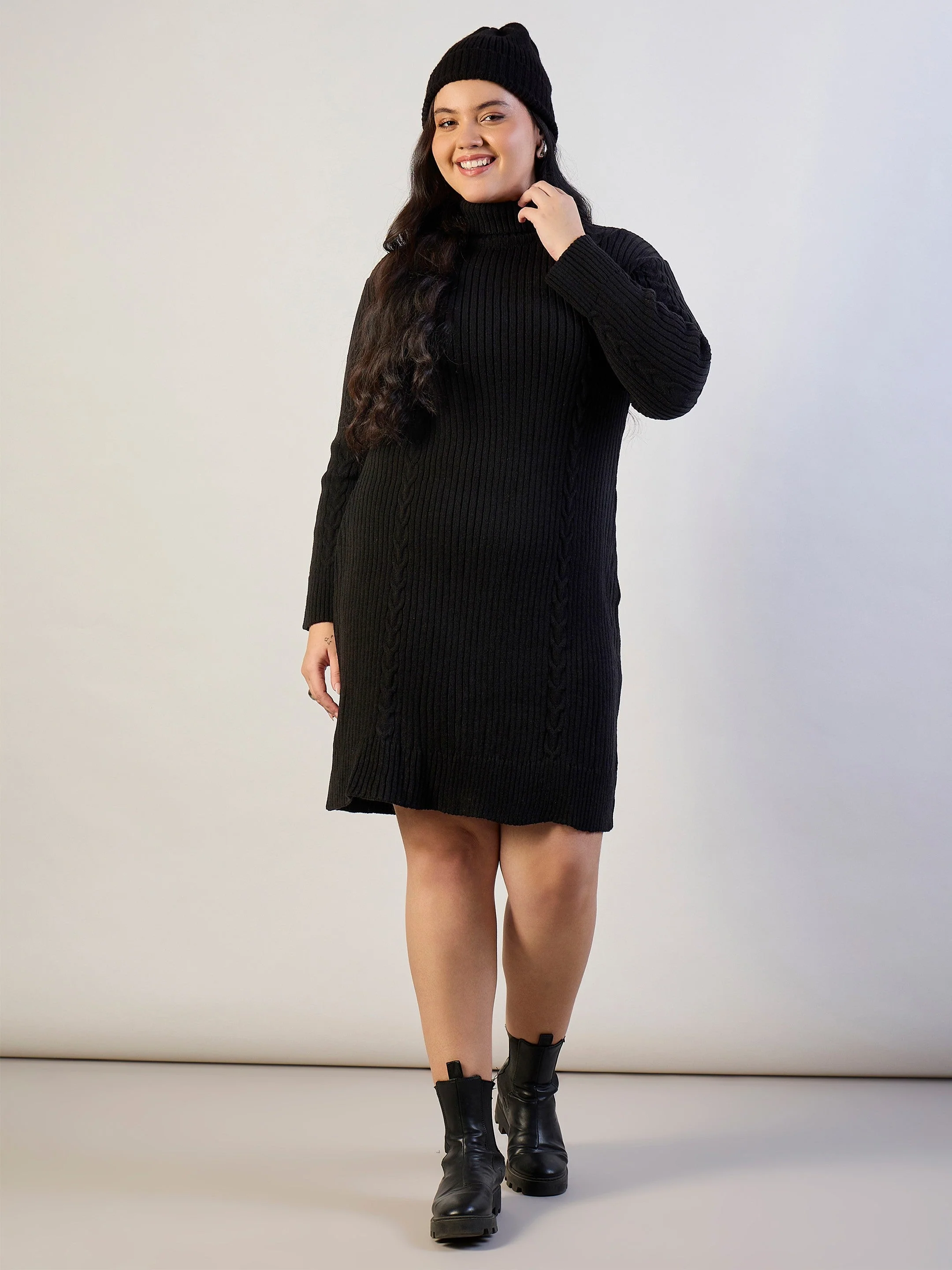 Women Black Acrylic Wool High Neck Short Dress - Image 2