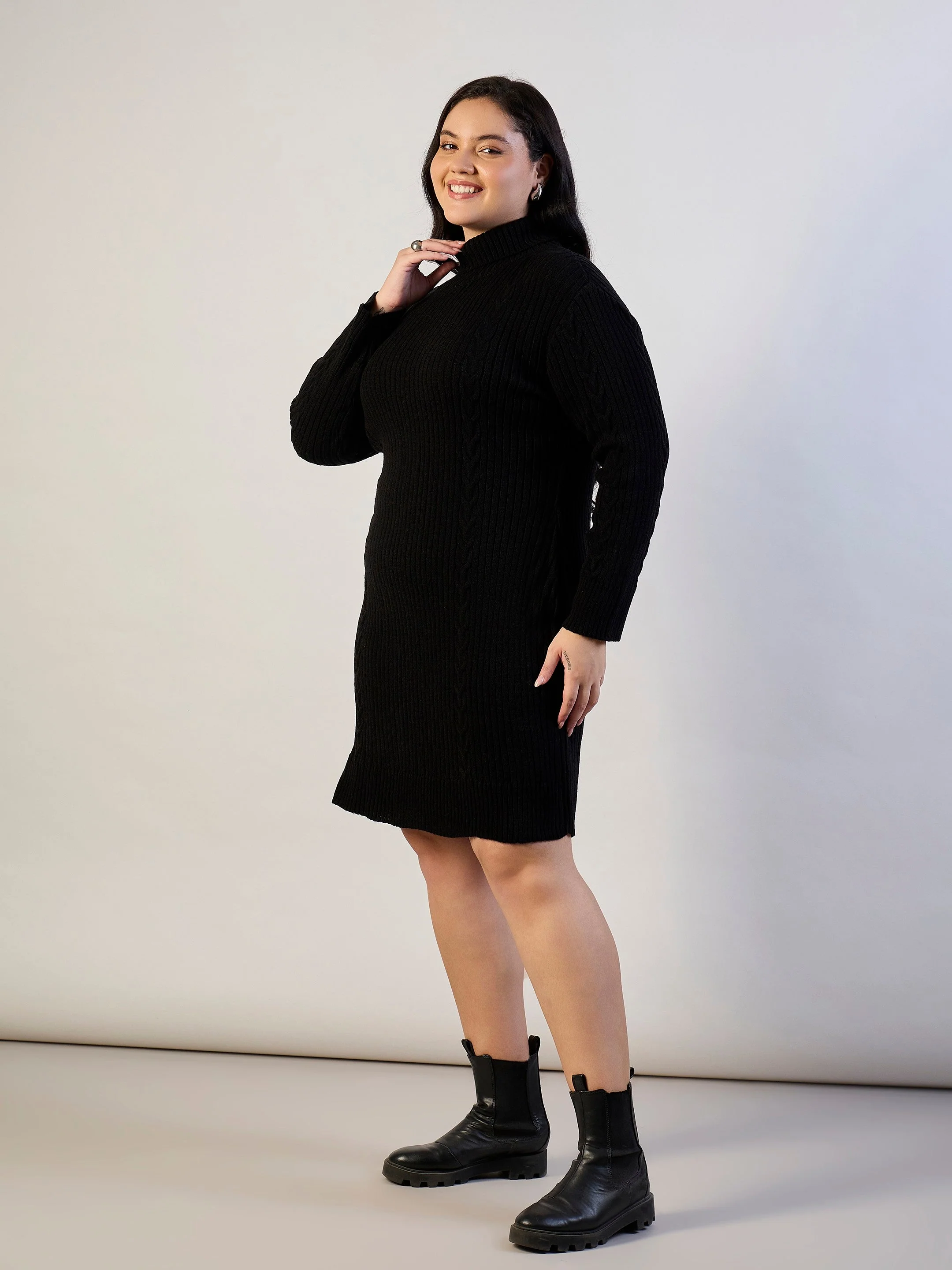 Women Black Acrylic Wool High Neck Short Dress - Image 3