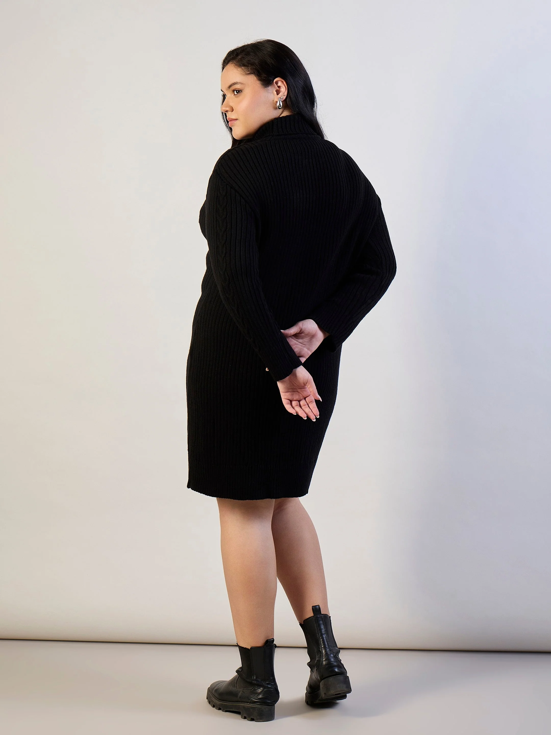 Women Black Acrylic Wool High Neck Short Dress - Image 5