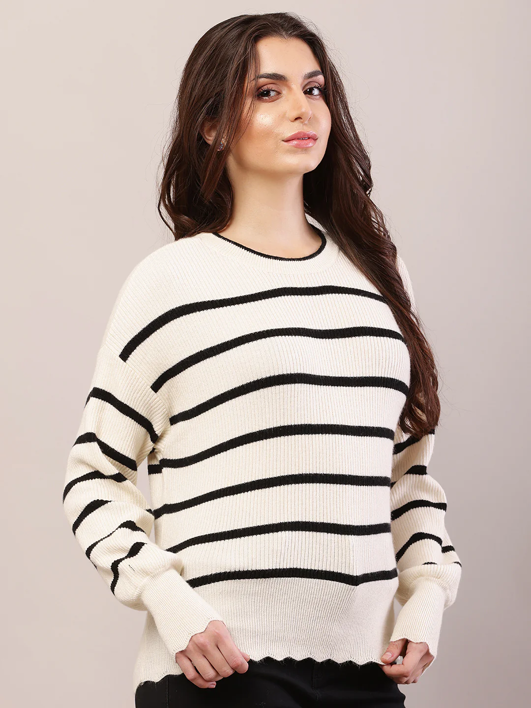 Women black and cream viscose striped sweater - Image 2