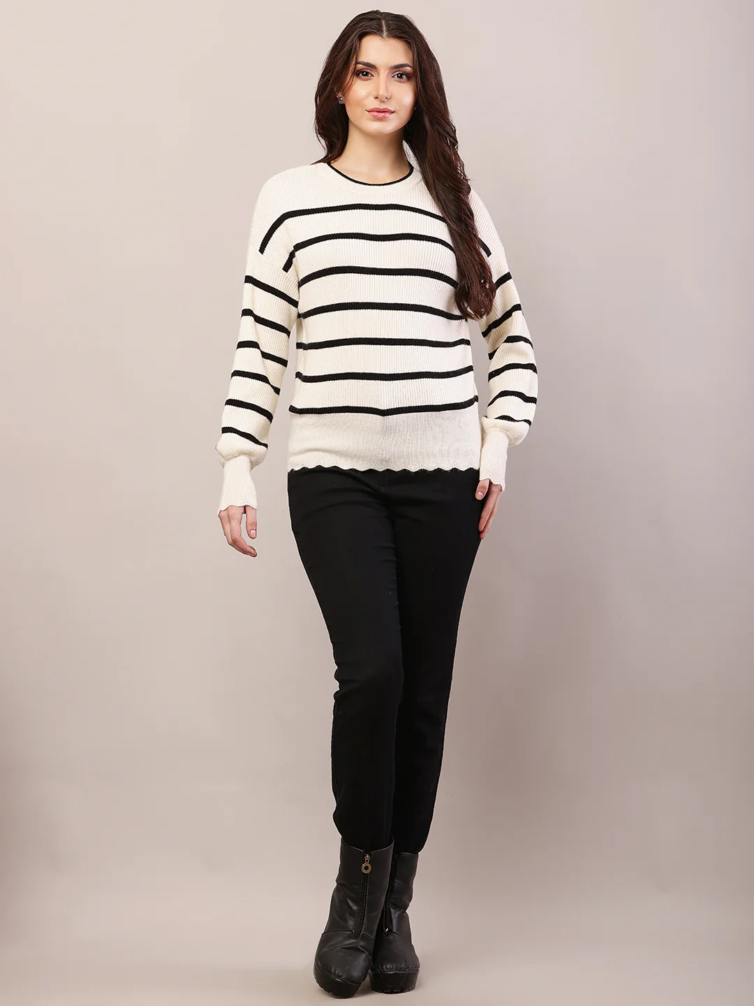Women black and cream viscose striped sweater - Image 3