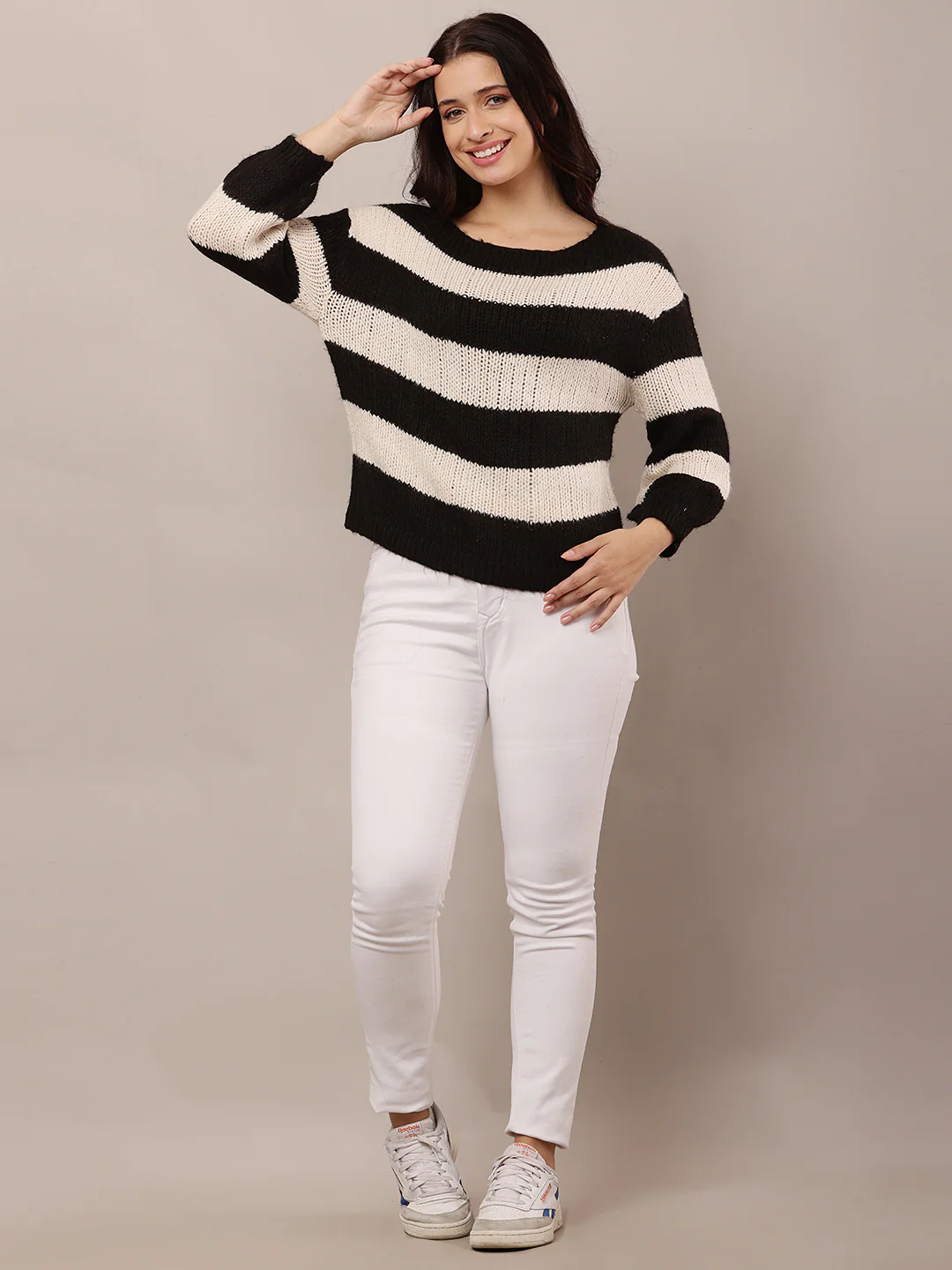 Women Black & White Crew Neck Knitted Sweater - Image 3