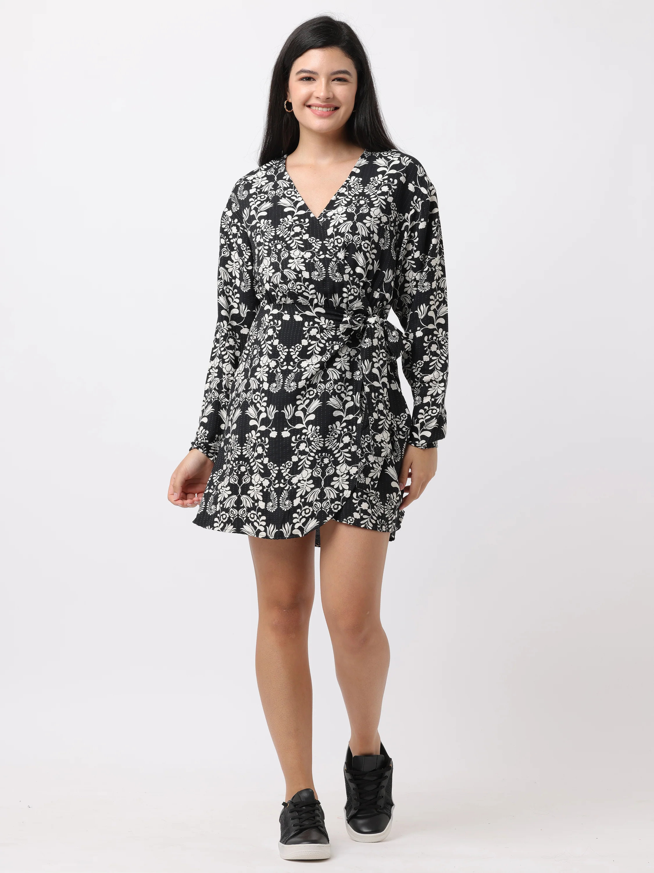 Women Black and White Printed Wrap around dress - Image 2