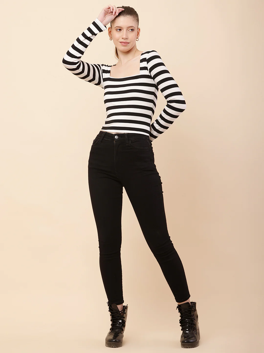 Women Black and White Striped Top - Image 3