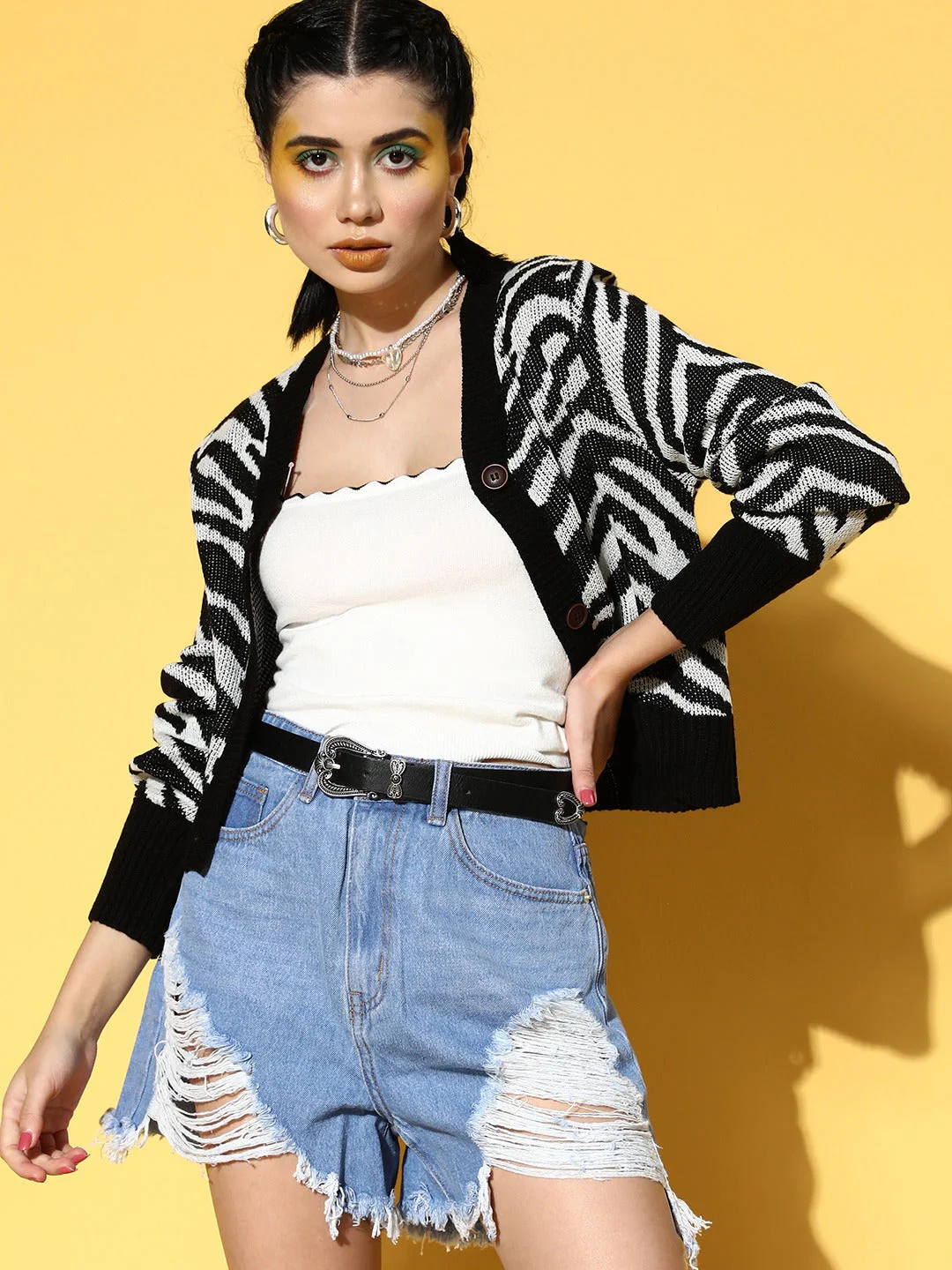 Women Black Animal Printed Front Open Wool Cardigan - Image 2
