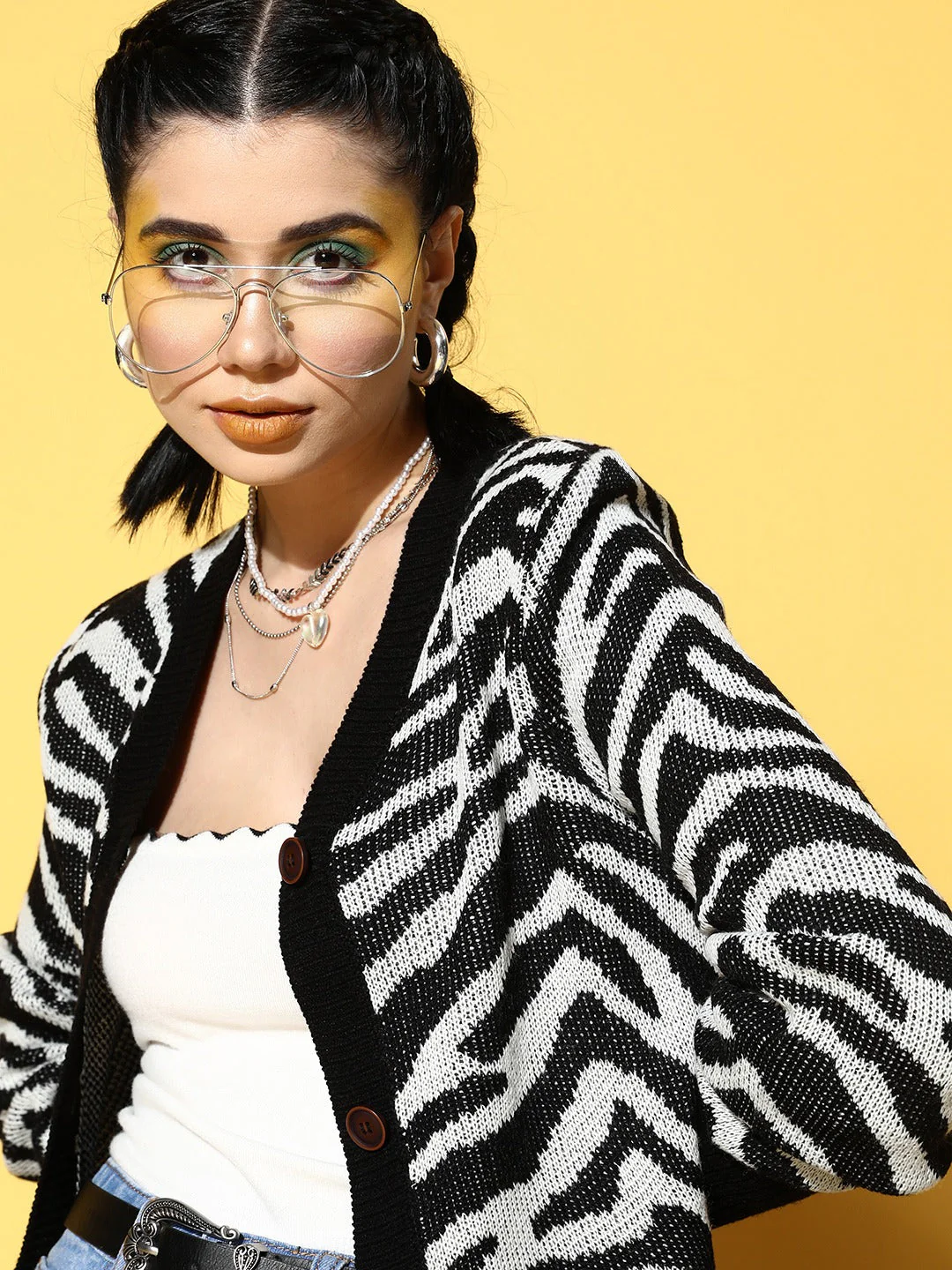 Women Black Animal Printed Front Open Wool Cardigan - Image 3