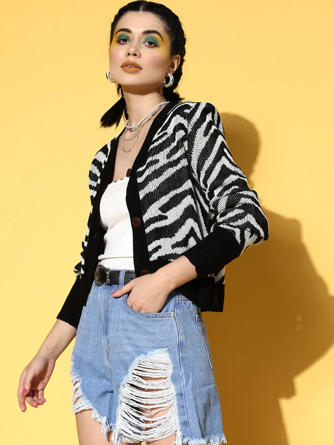 Women Black Animal Printed Front Open Wool Cardigan - Image 4