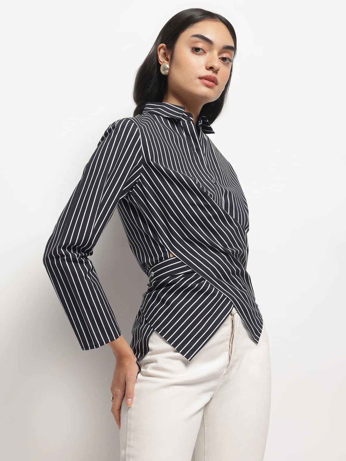 Women Black Asymmetric wrap and Tie Shirt - Image 3