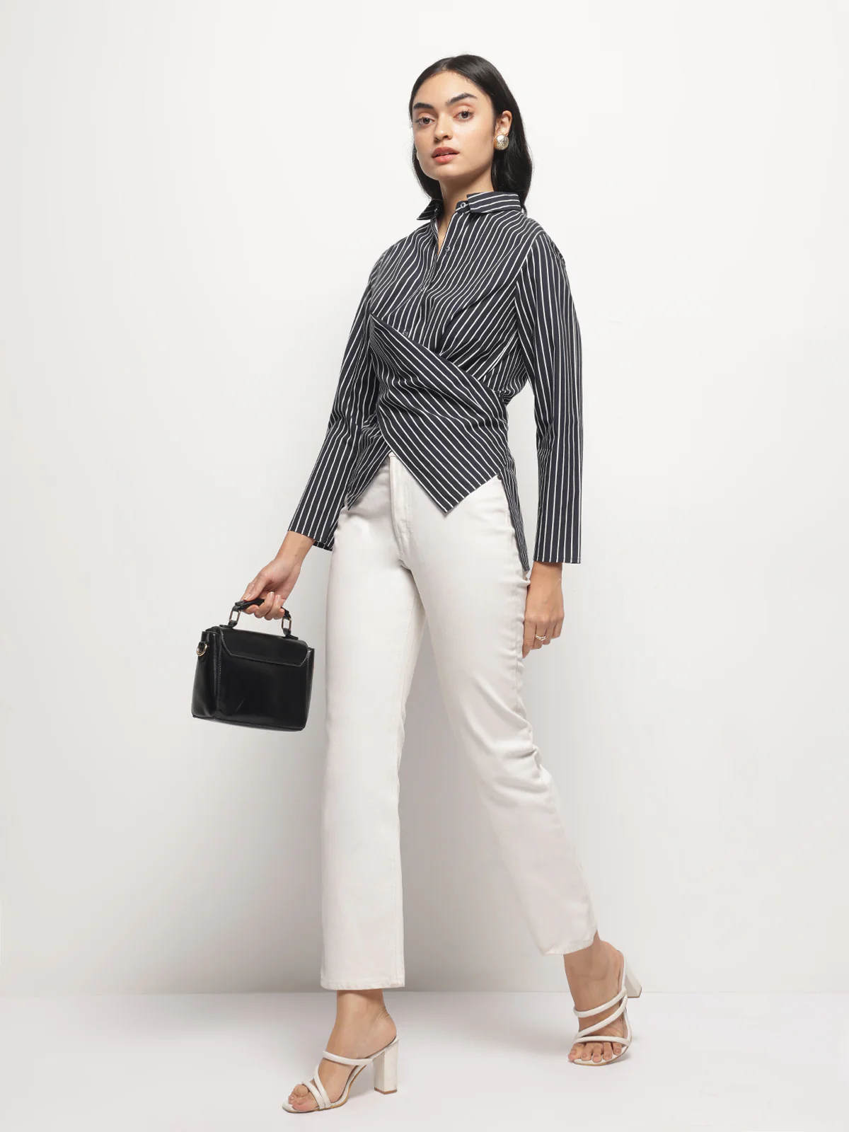 Women Black Asymmetric wrap and Tie Shirt - Image 4