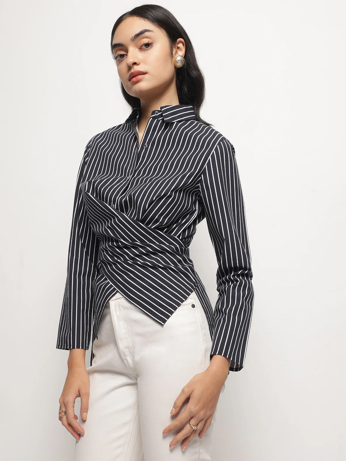 Women Black Asymmetric wrap and Tie Shirt - Image 5
