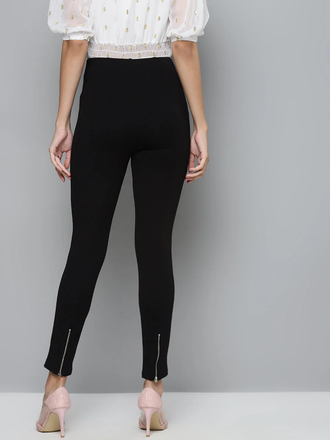 Women Black Back Zipper High Waist Jeggings - Image 3