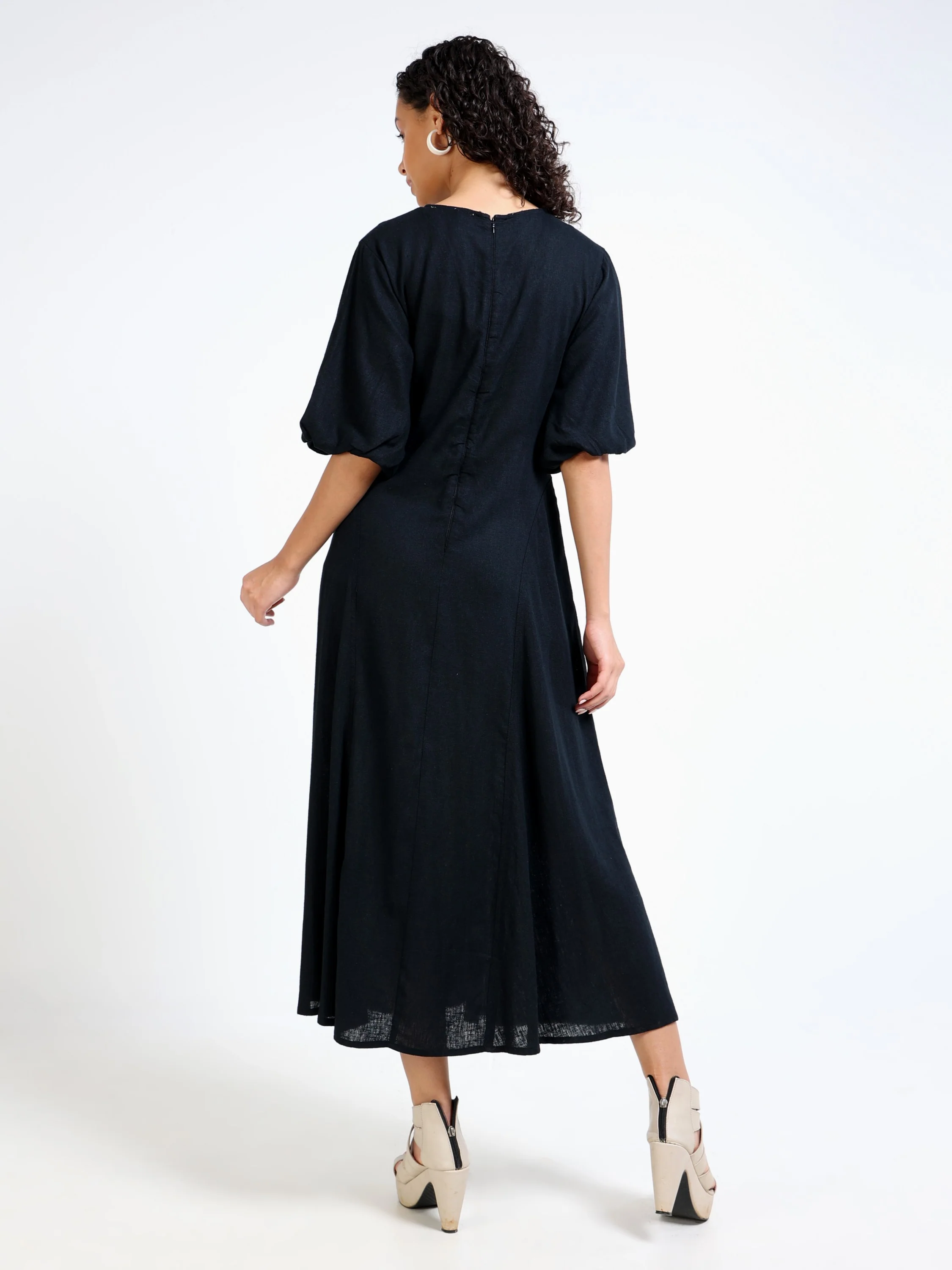 Women Black Linen Blend Dress - Image 2