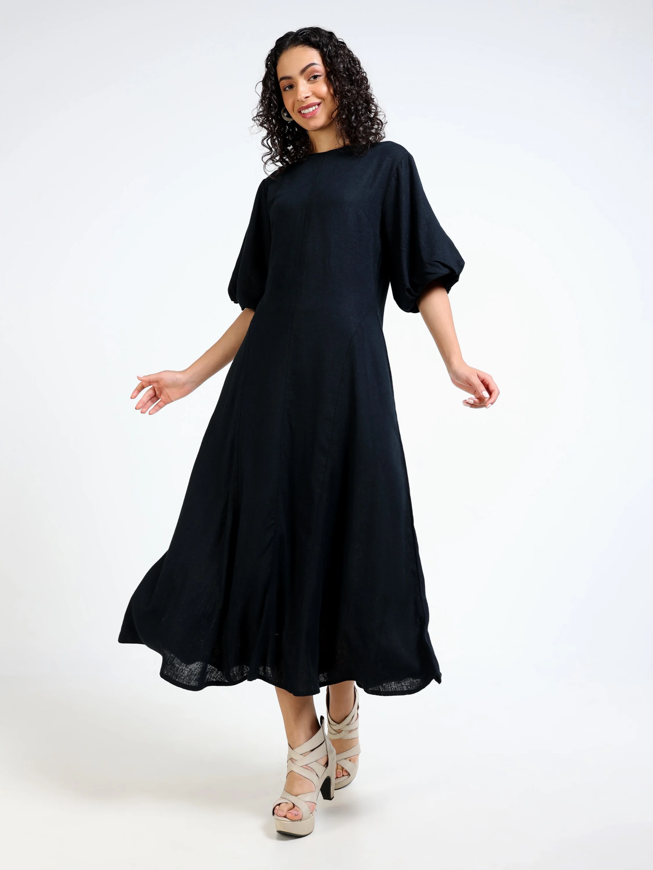 Women Black Linen Blend Dress - Image 7