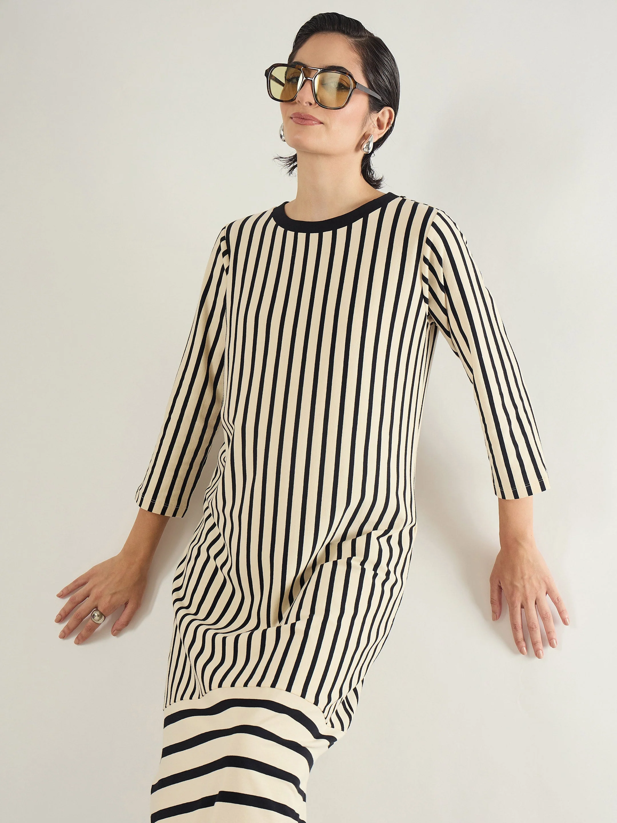 Women Black & Beige Striped T-Shirt Dress - Image 2
