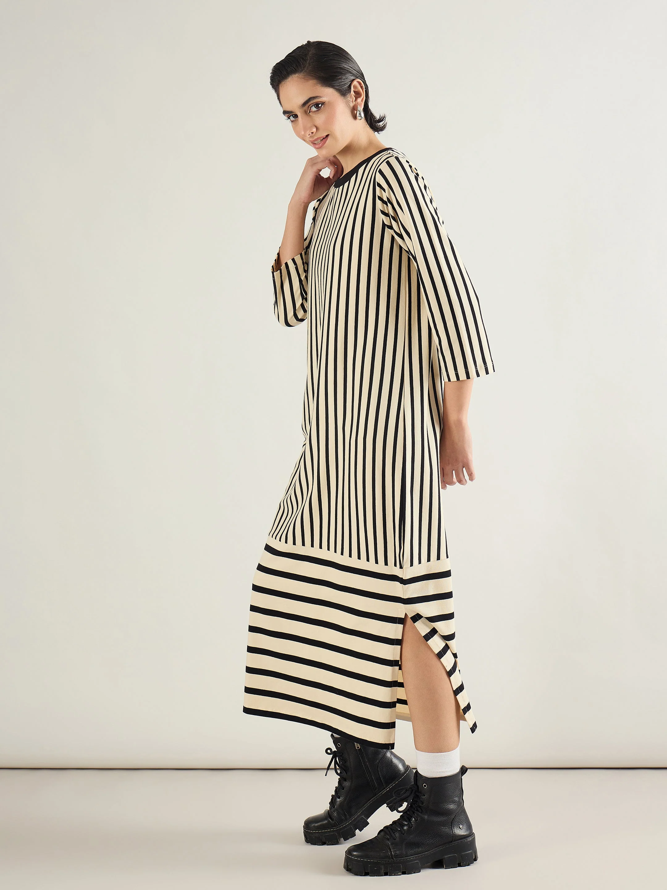 Women Black & Beige Striped T-Shirt Dress - Image 3