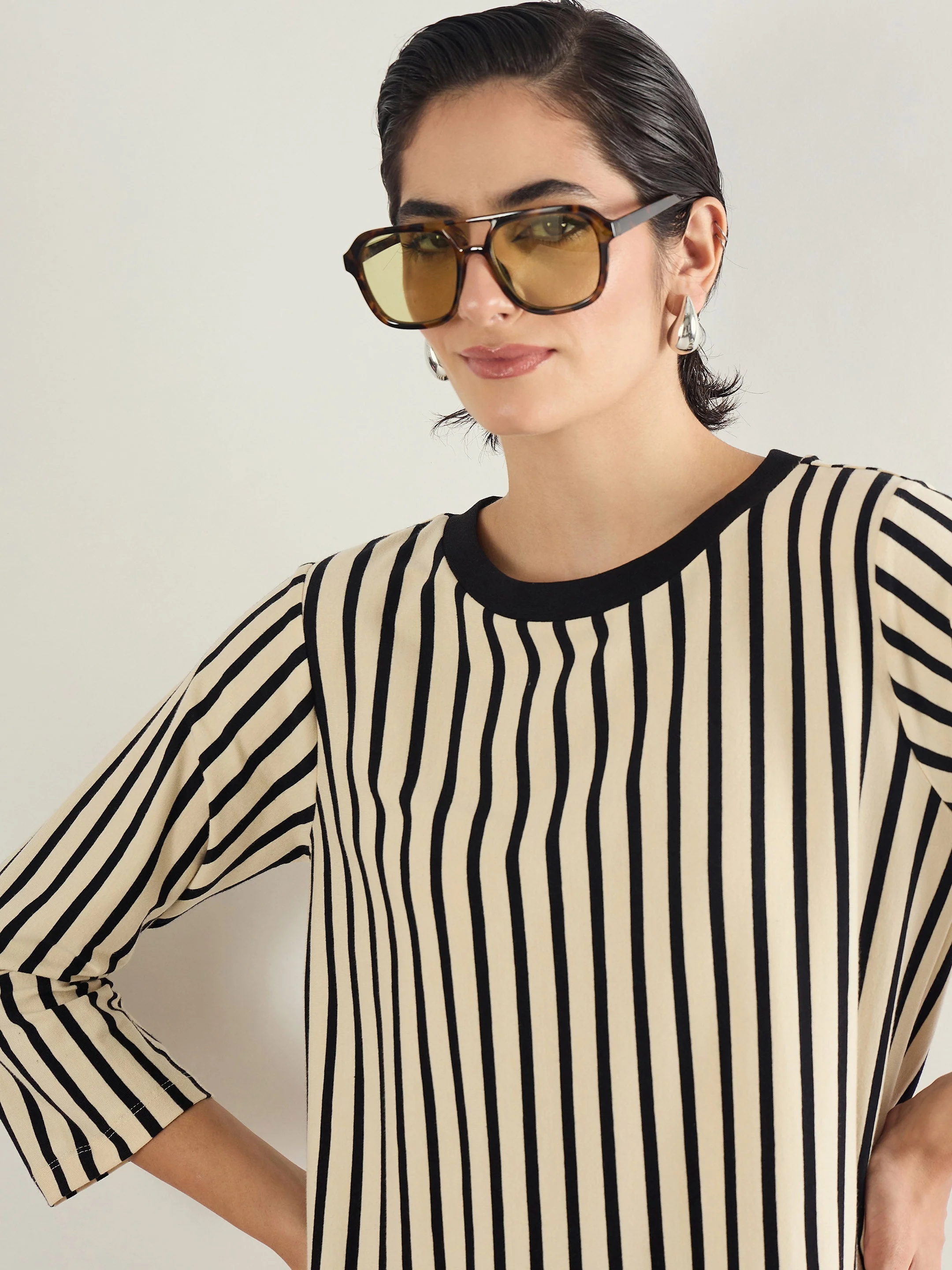 Women Black & Beige Striped T-Shirt Dress - Image 4