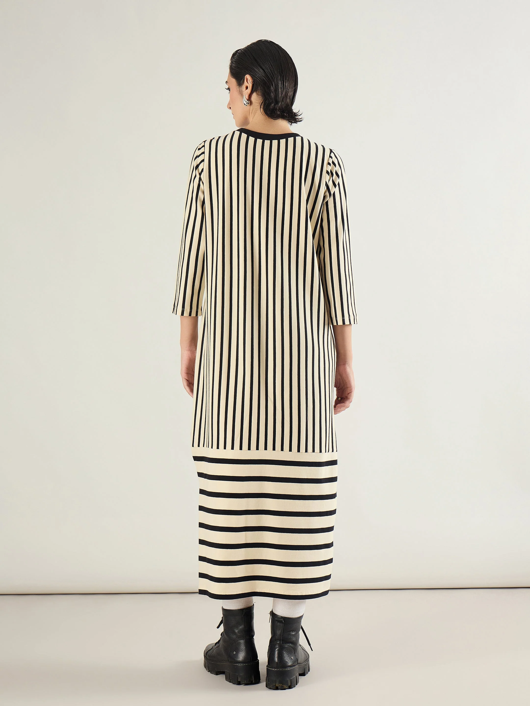 Women Black & Beige Striped T-Shirt Dress - Image 5