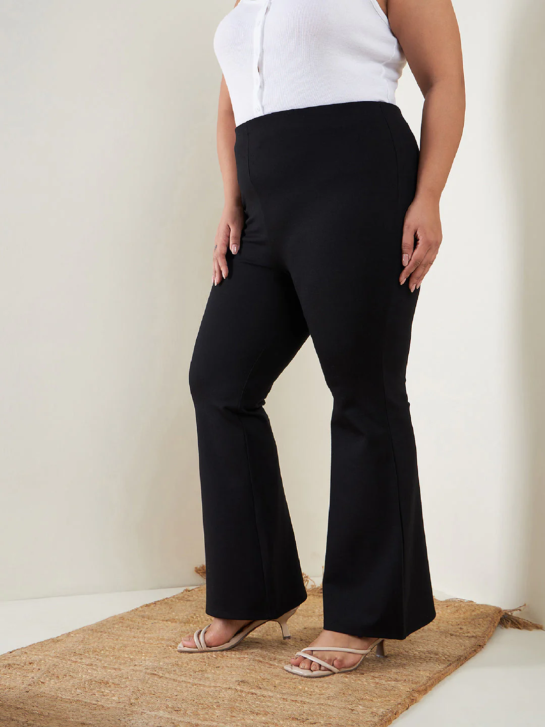 Women Black Bell Bottom 4-Way Stretch Trousers - Image 2