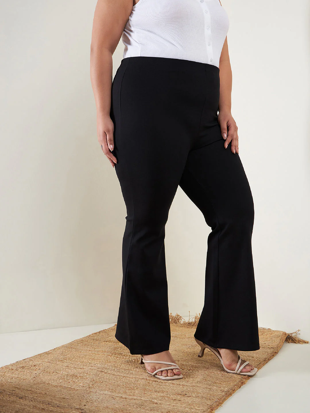Women Black Bell Bottom 4-Way Stretch Trousers - Image 3