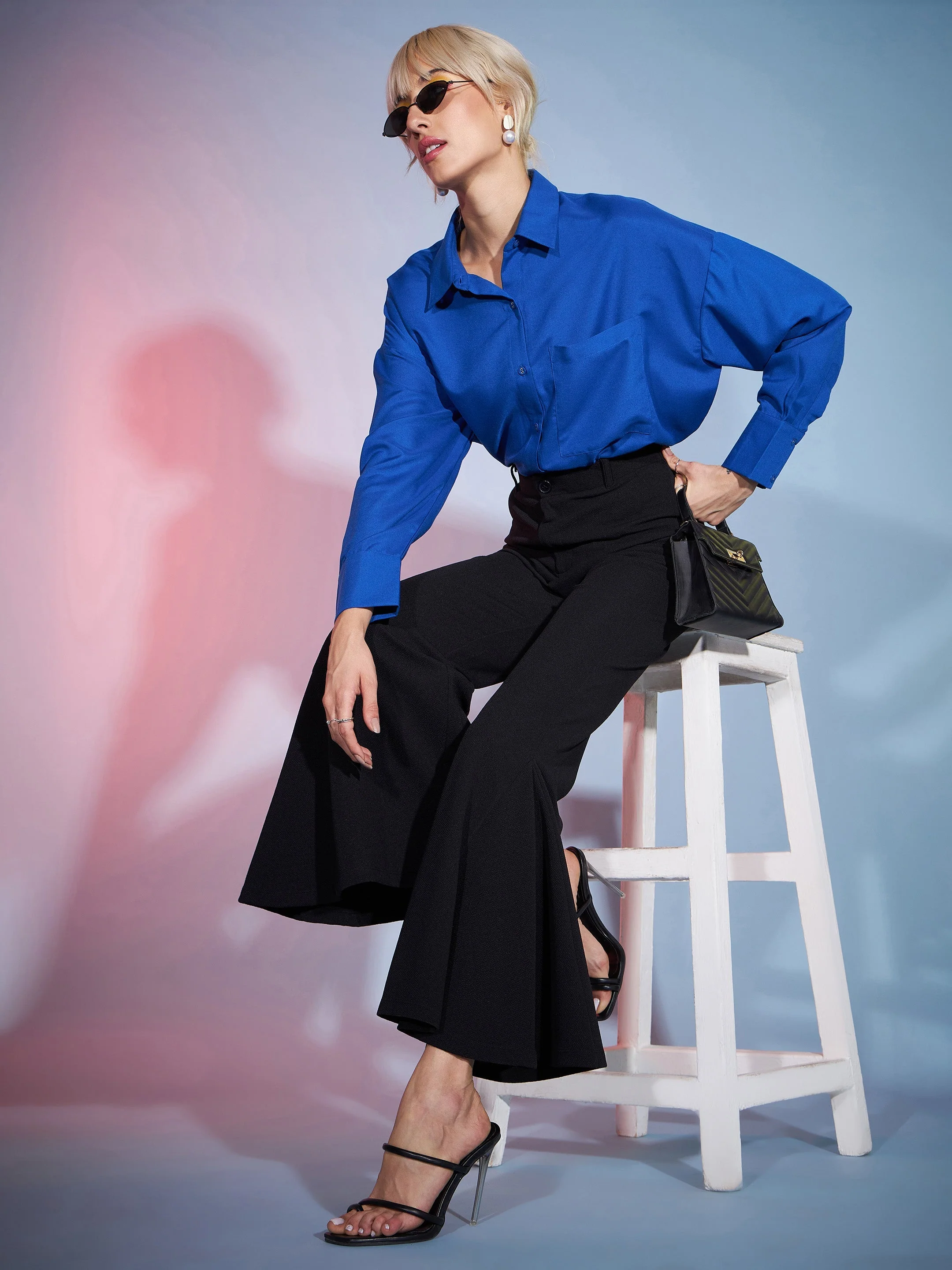 Women Black Bell Bottom Kick Pleats Knitted Pants - Image 2