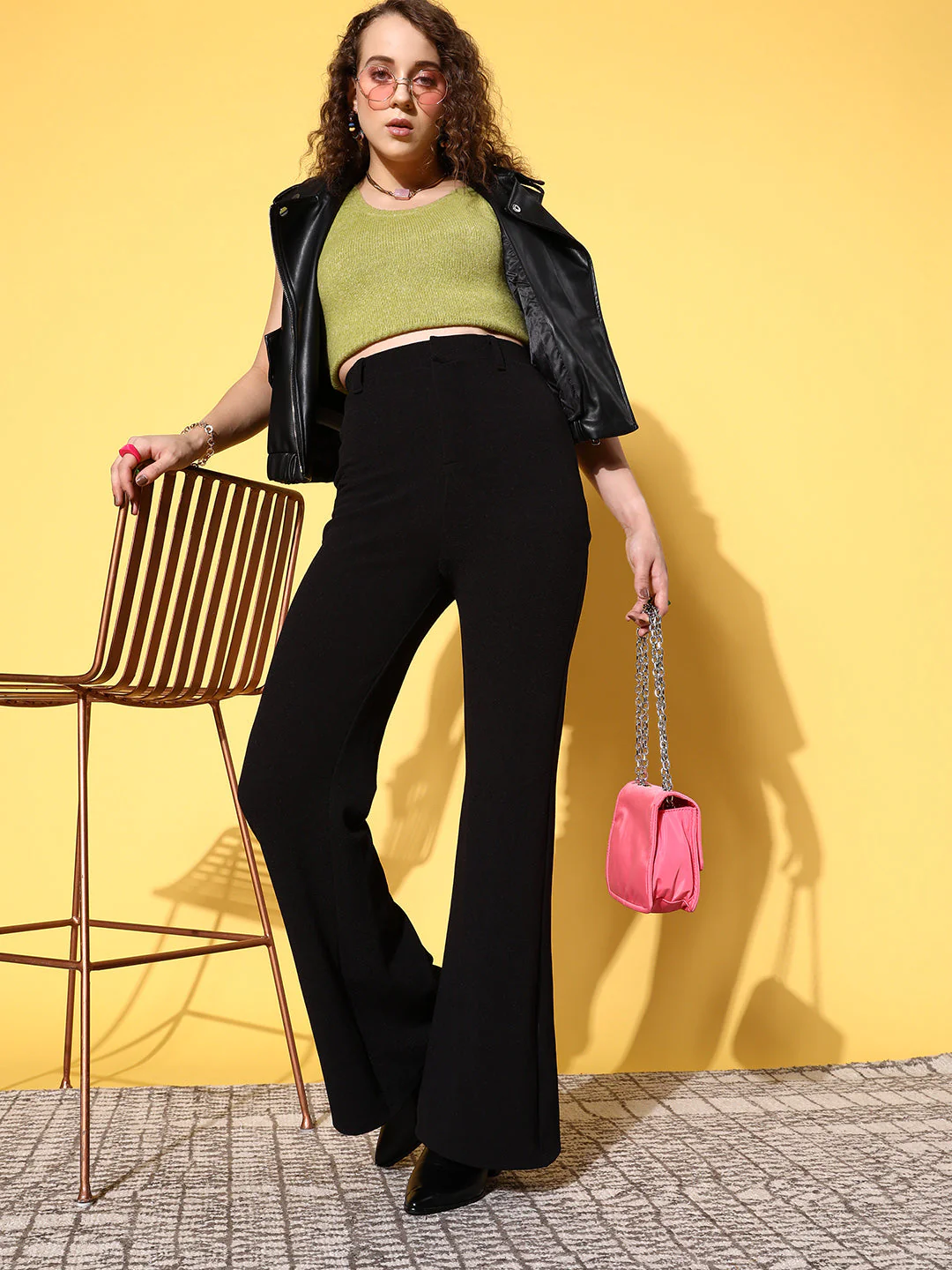 Women Black Bell Bottom Knitted Pants - Image 2