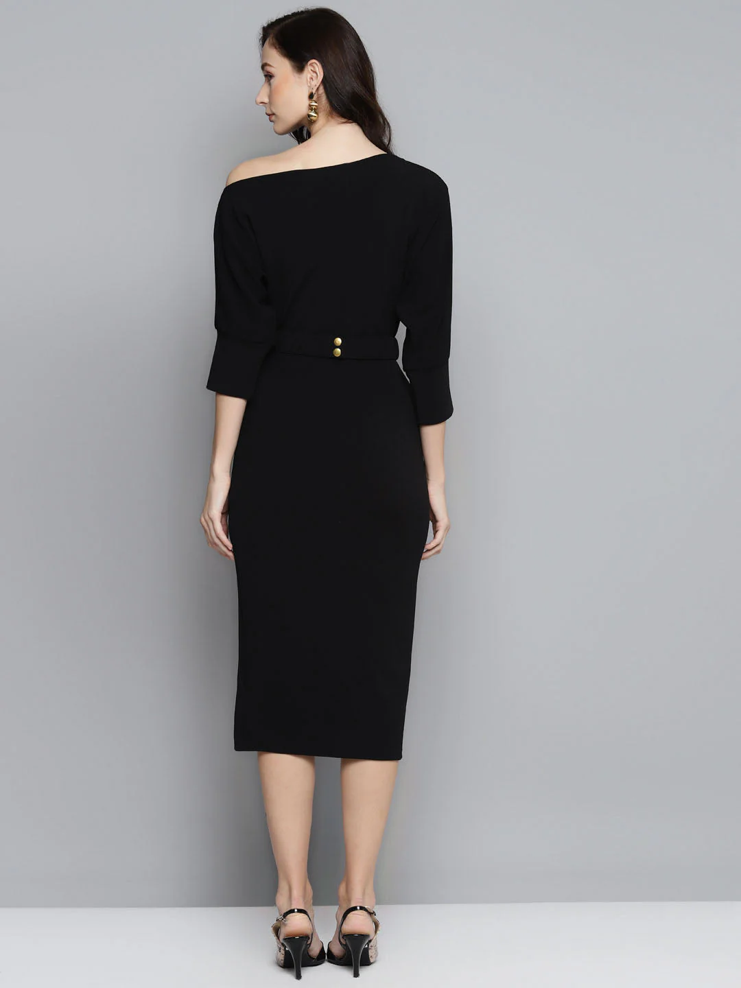 Women Black Belted Drop Shoulder Midi Dress - Image 3