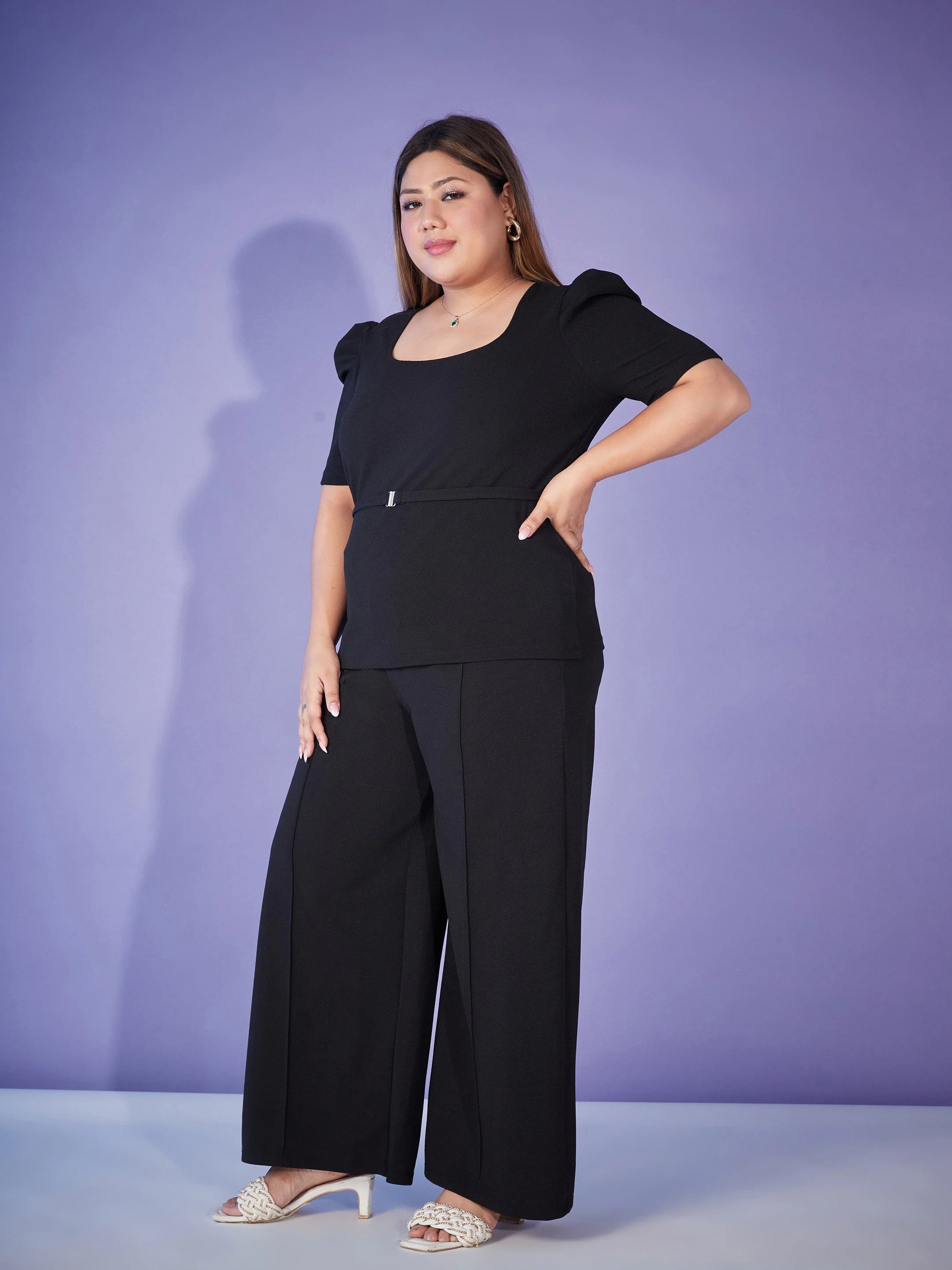 Women Black Belted Top With Bell Bottom Pants - Image 3