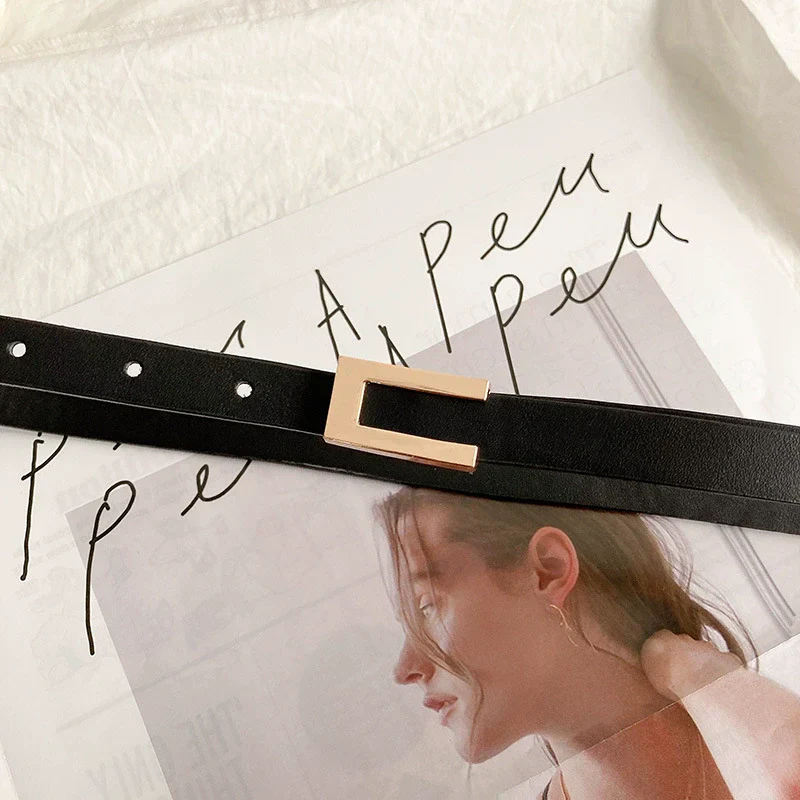 Women Black Black Leather Gold Buckle Belt - Image 2