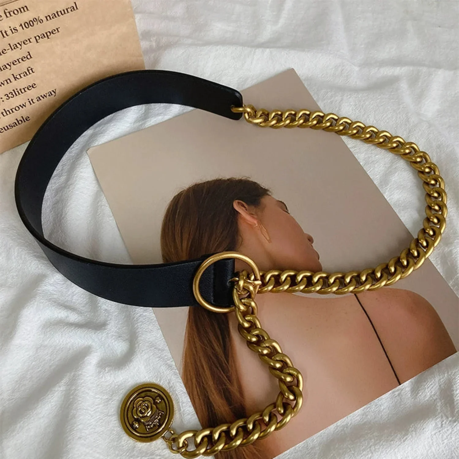 Women Black Black Strap Gold Chain Belt
