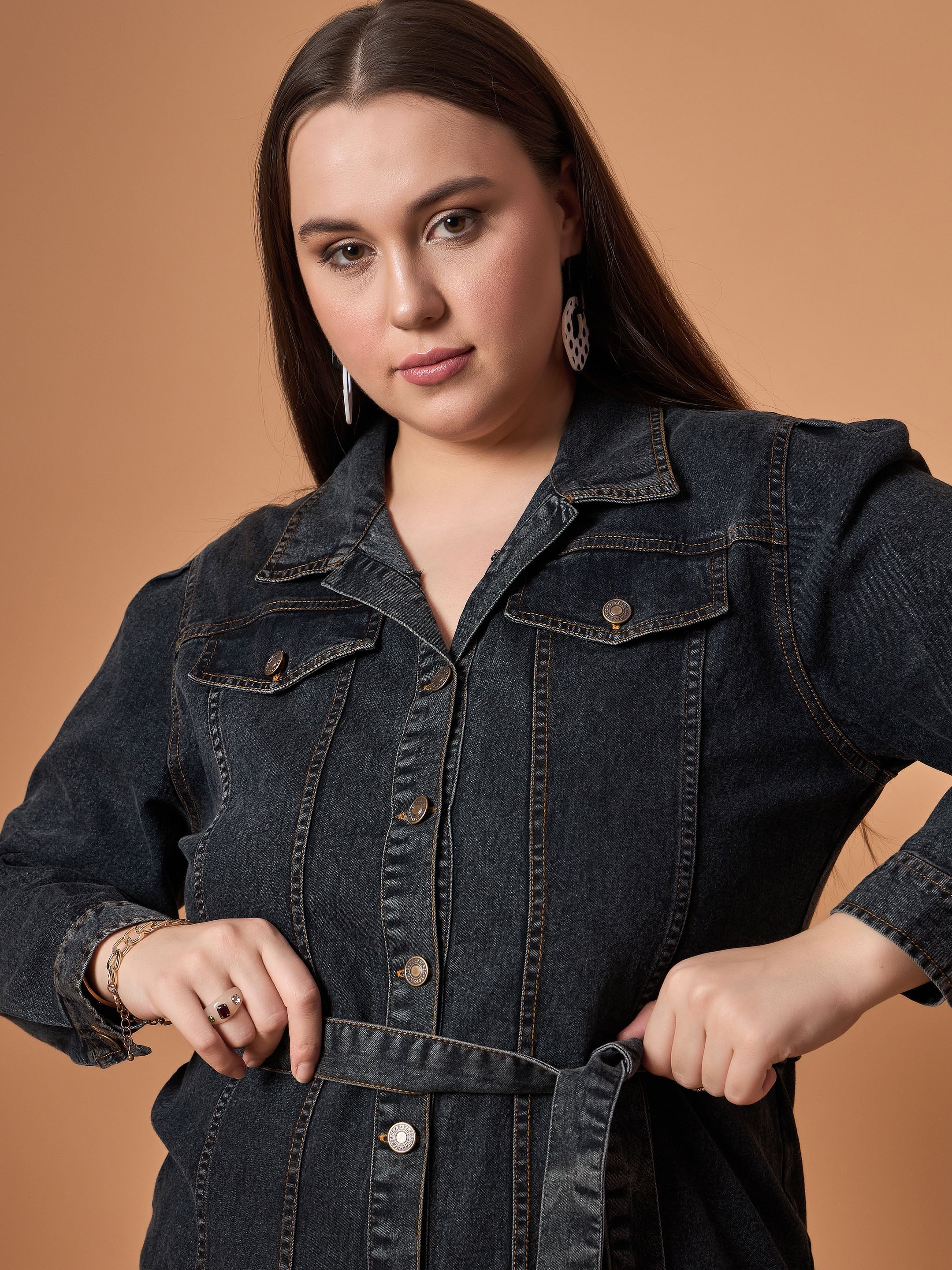 Women Black Blast Denim Front Button Shirt Dress - Image 2