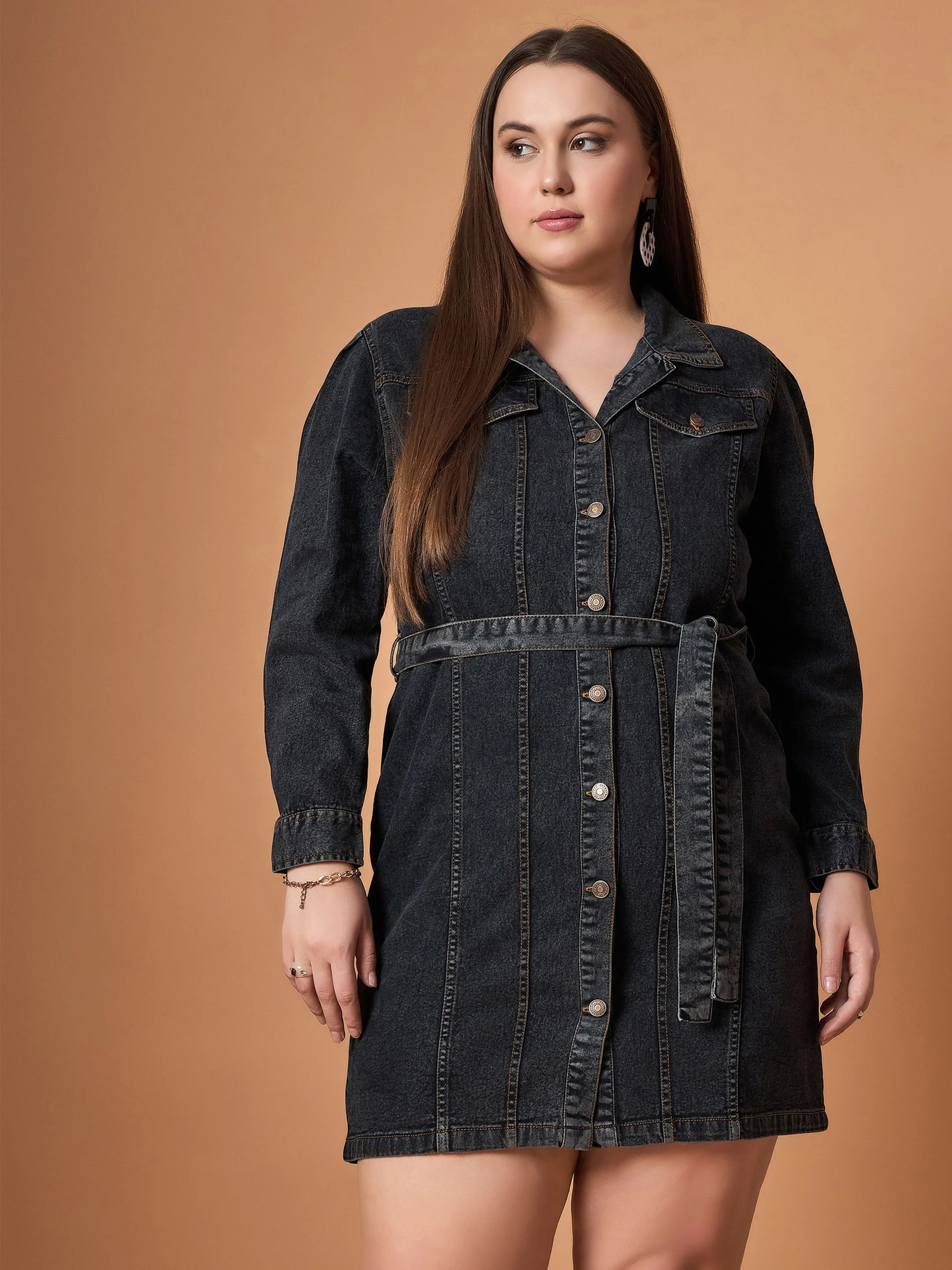 Women Black Blast Denim Front Button Shirt Dress - Image 4