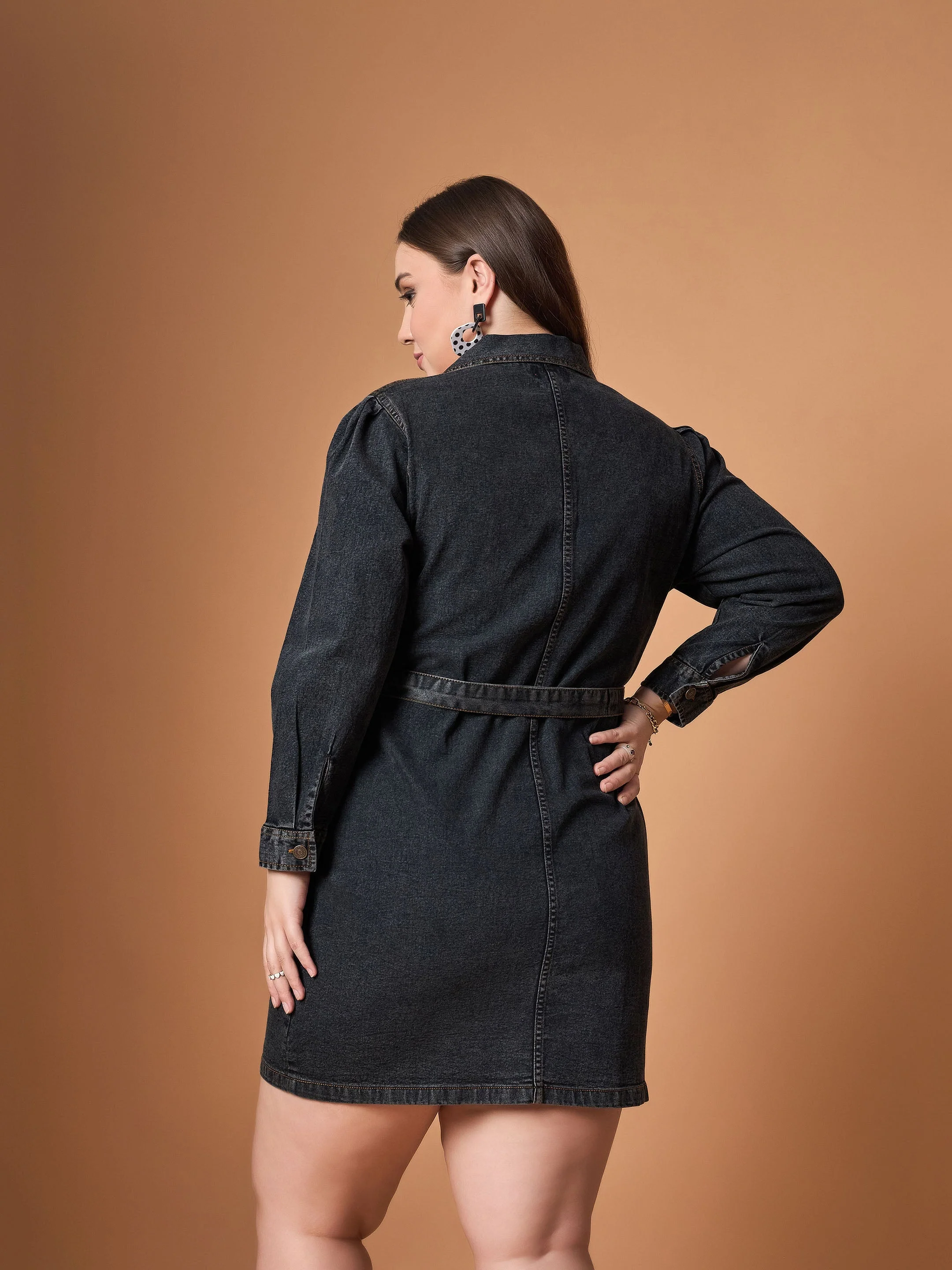 Women Black Blast Denim Front Button Shirt Dress - Image 5