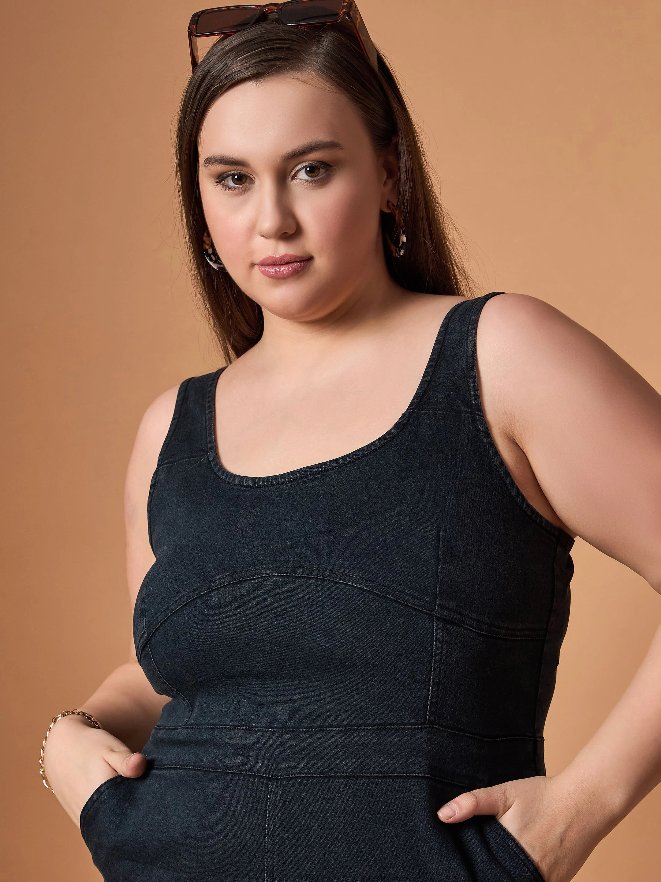Women Black Blast Denim Front Slit Midi Dress - Image 4
