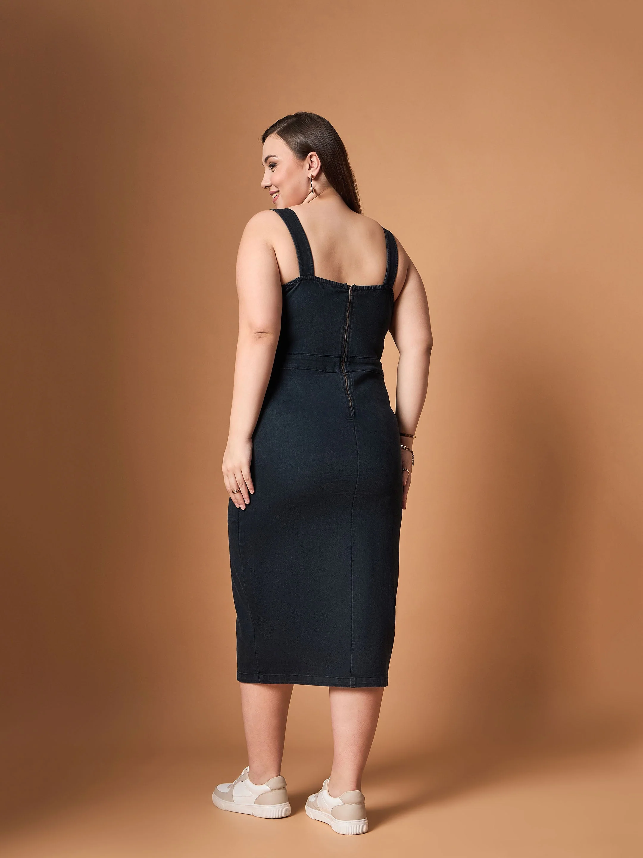 Women Black Blast Denim Front Slit Midi Dress - Image 5
