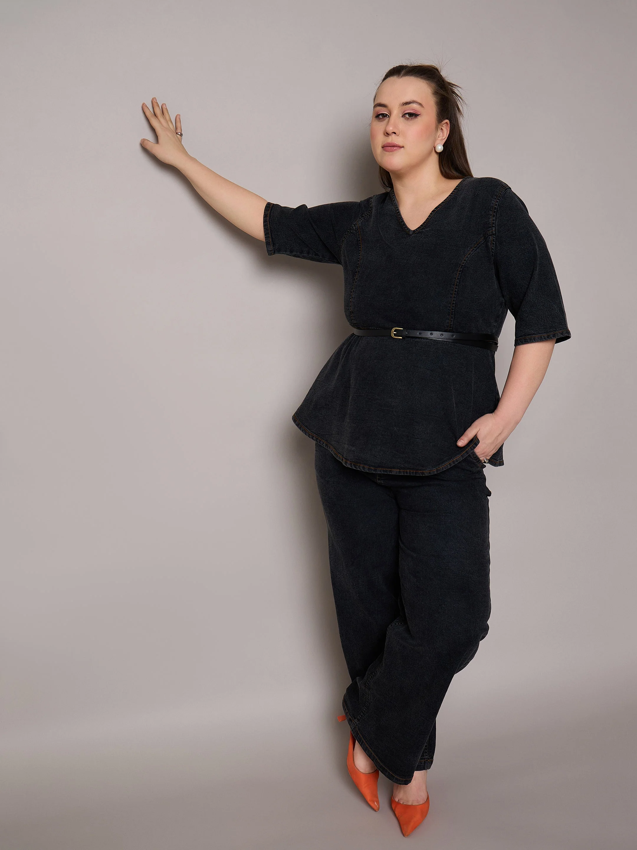 Women Black Blast Denim Peplum Top With Jeans - Image 2