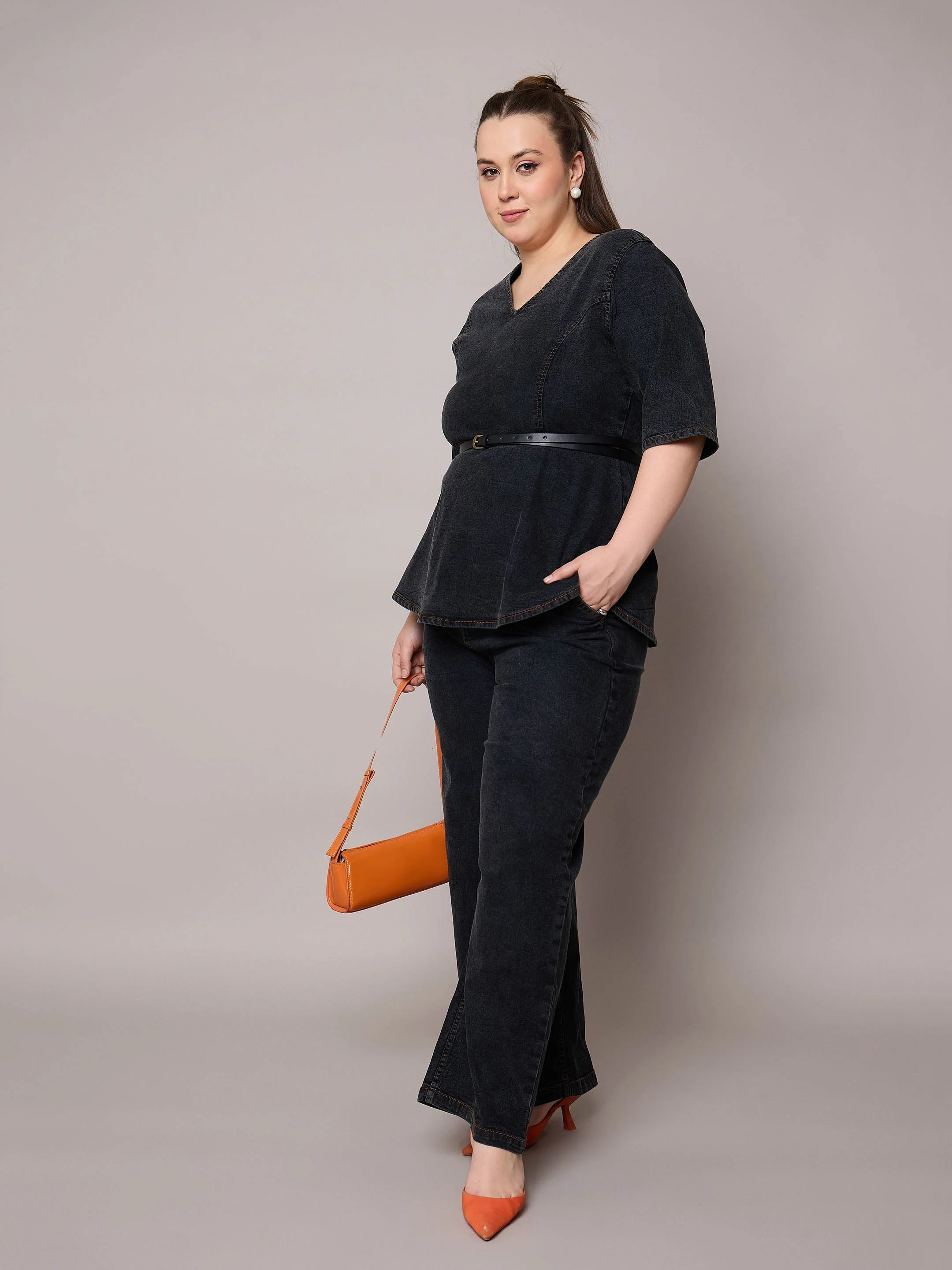 Women Black Blast Denim Peplum Top With Jeans - Image 3