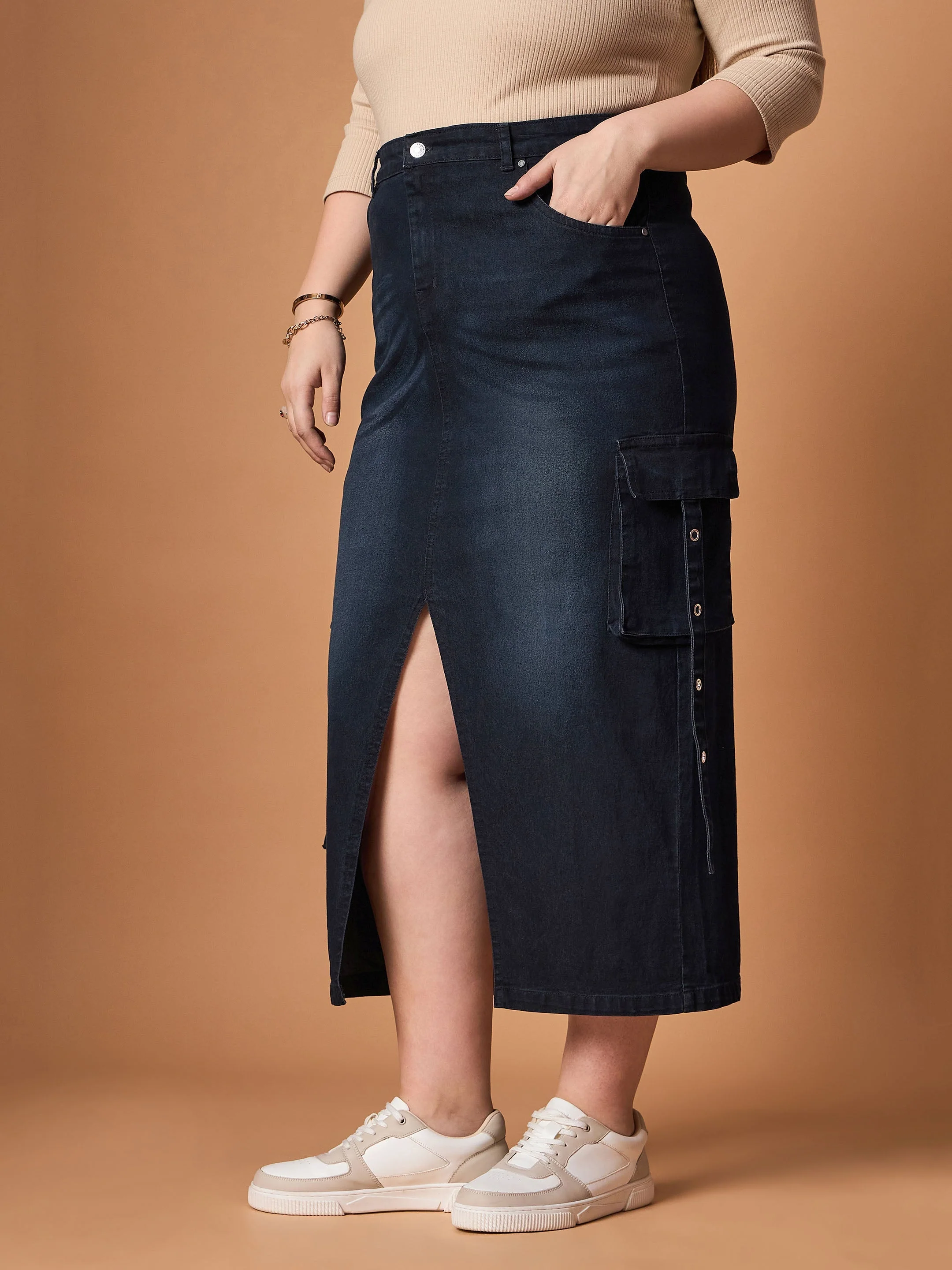 Women Black Blast Denim Side Pocket Skirt - Image 3