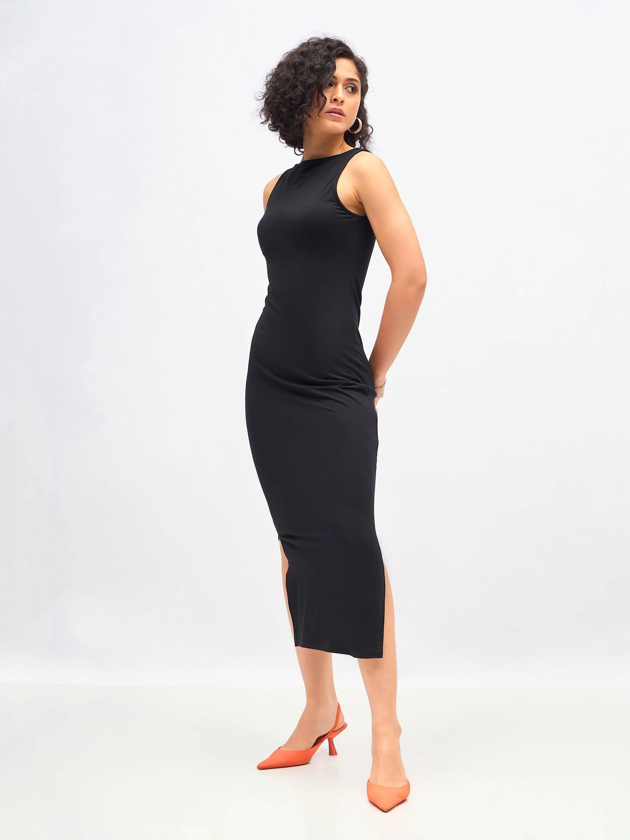 Women Black Boat Neck Bodycon Jersey Maxi Dress - Image 3