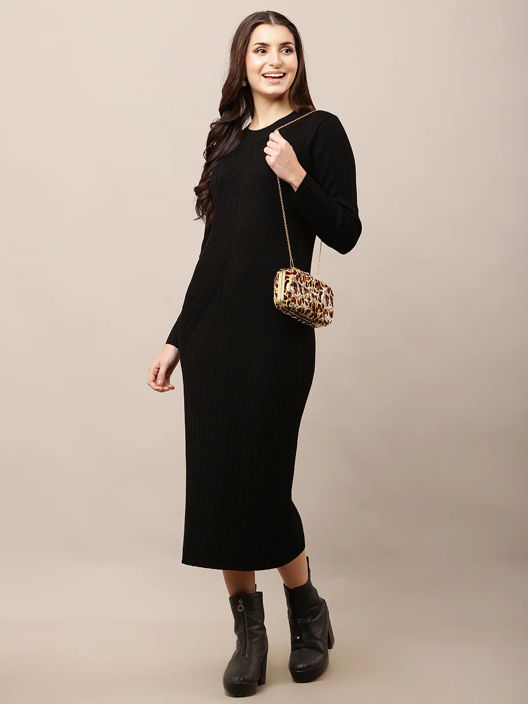 Women Black Bodycon Ribbed Full Sleeve Dress - Image 2