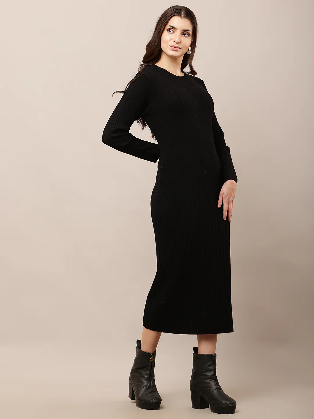 Women Black Bodycon Ribbed Full Sleeve Dress - Image 3