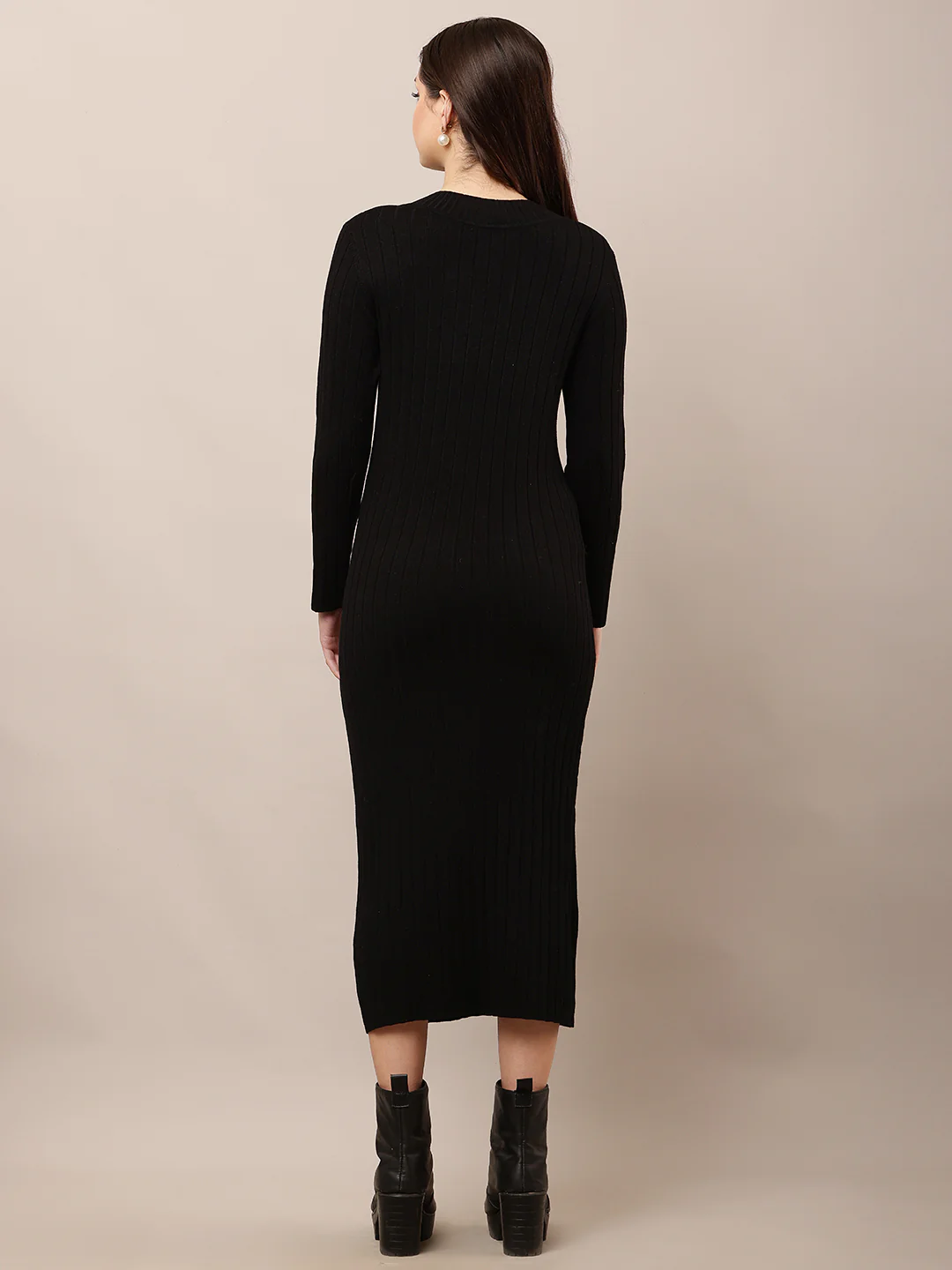 Women Black Bodycon Ribbed Full Sleeve Dress - Image 4