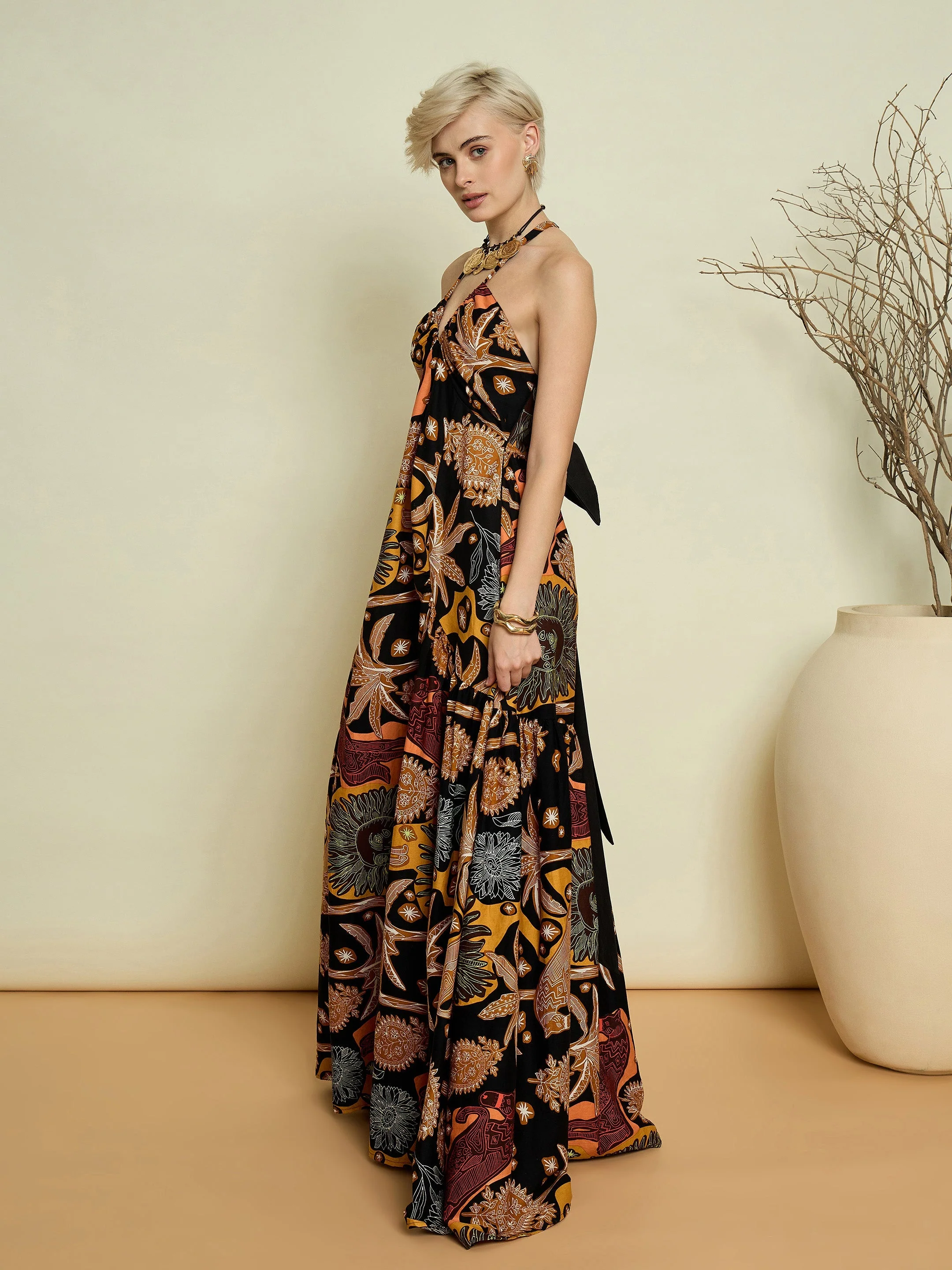 Women Black Boho Printed Back Bow Strappy Maxi Dress - Image 4