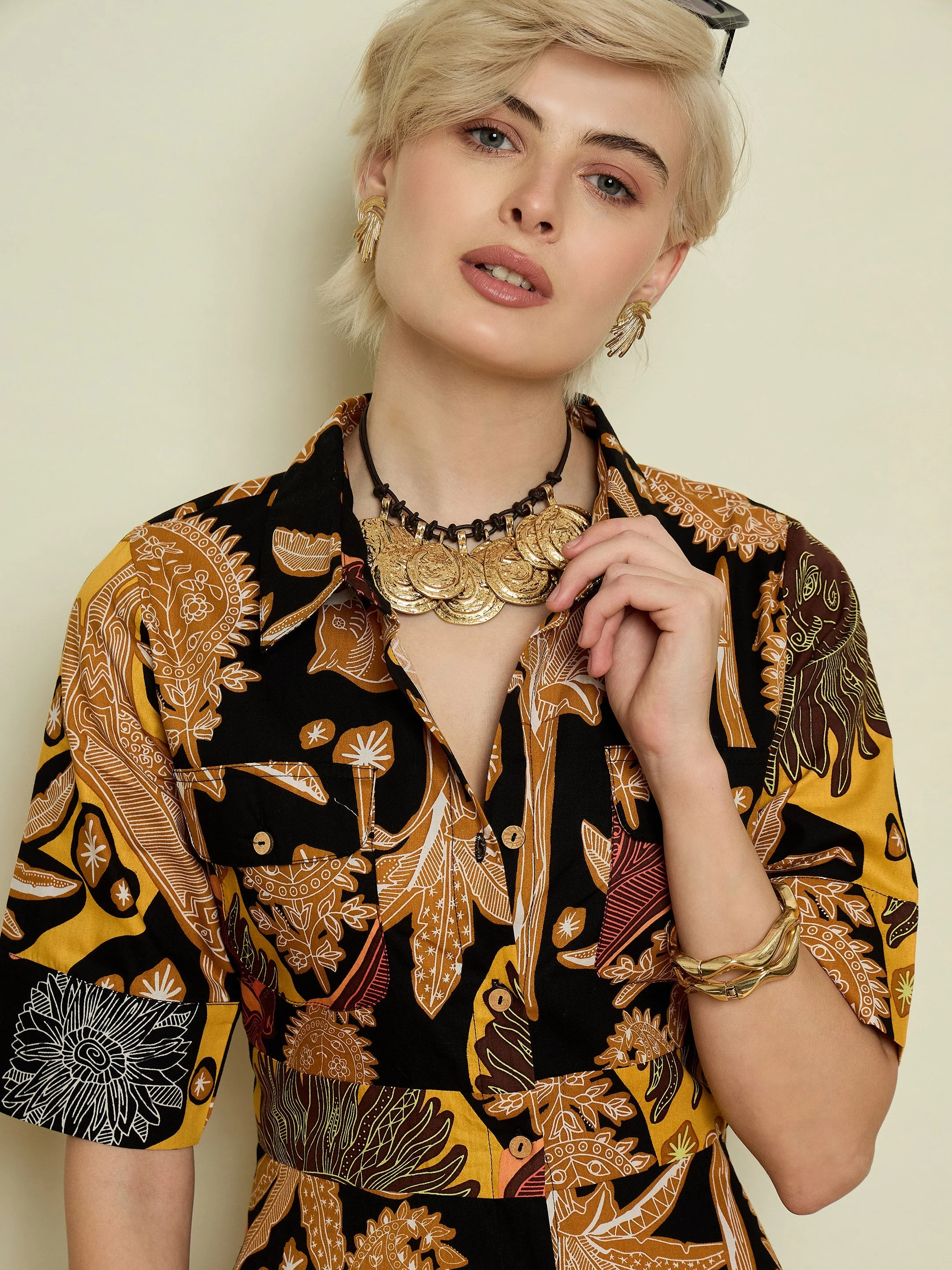 Women Black Boho Printed Button Placket A-Line Midi Dress - Image 2