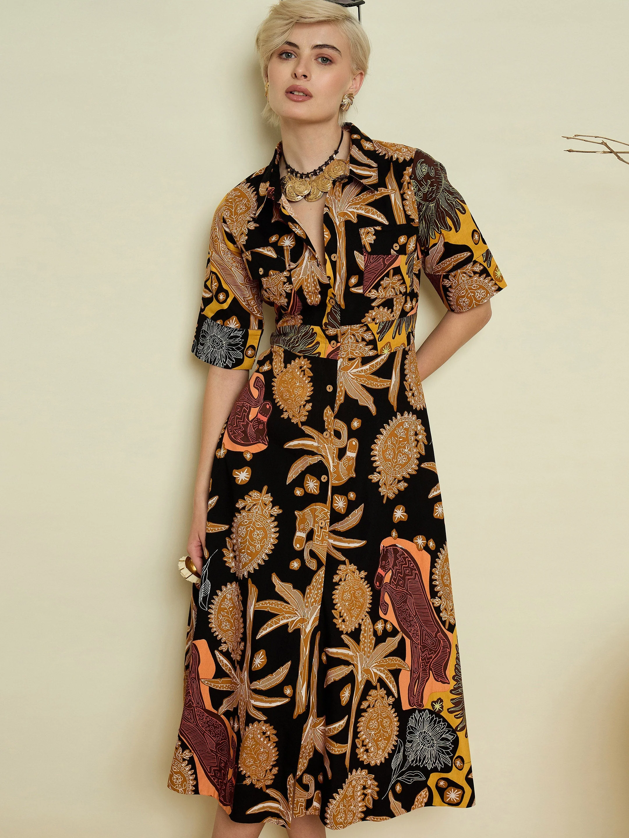 Women Black Boho Printed Button Placket A-Line Midi Dress - Image 3