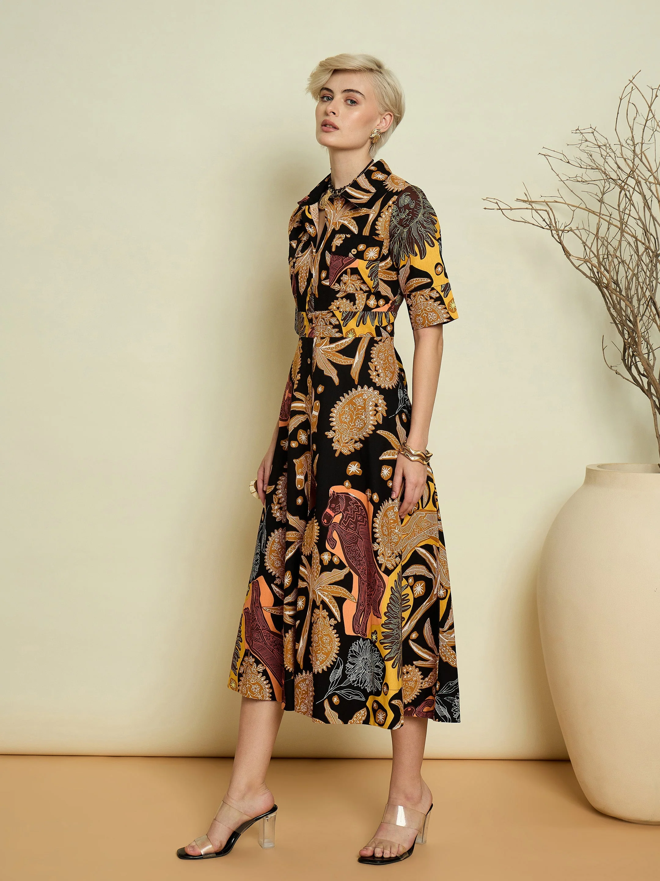 Women Black Boho Printed Button Placket A-Line Midi Dress - Image 4